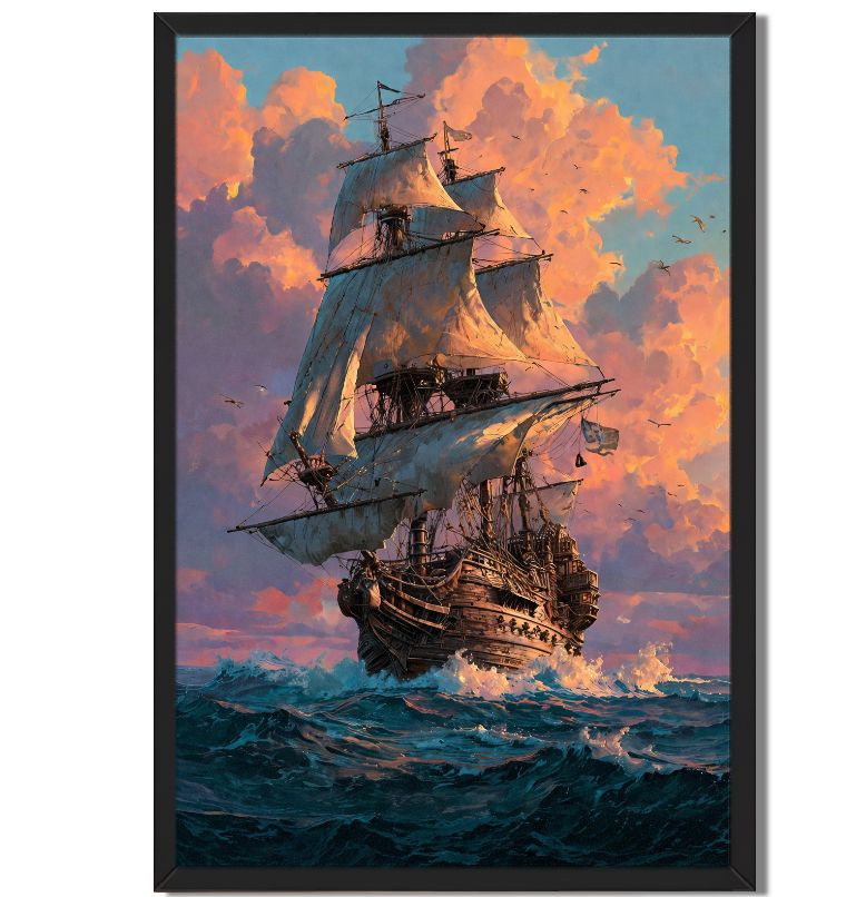 Vintage Sailing Ship Framed Canvas Painting Nautical Ocean Wall Art Decor