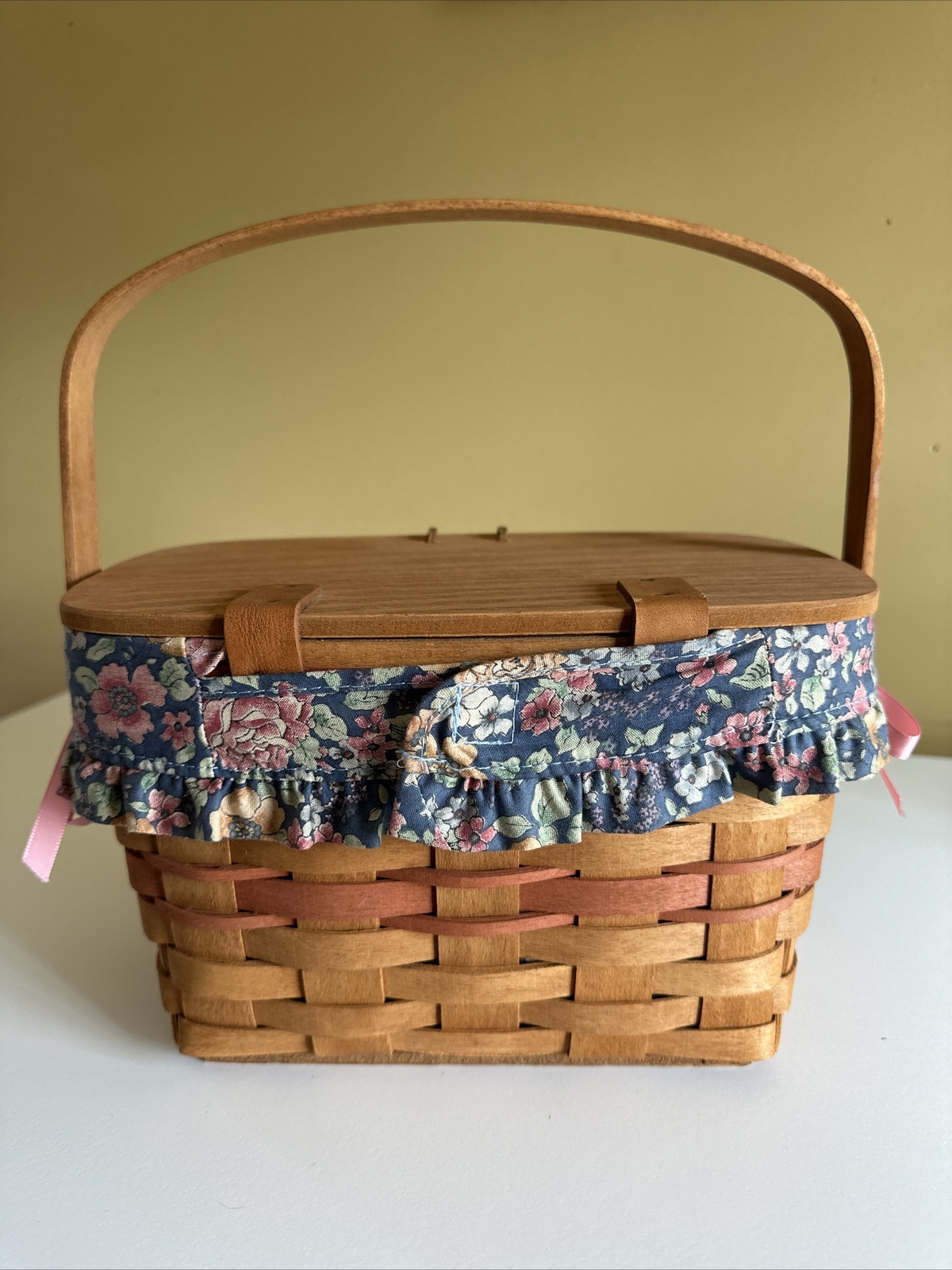 1991 Longaberger Purse Basket May Petunias Signed 1993 Cloth Liner Leather Hinge