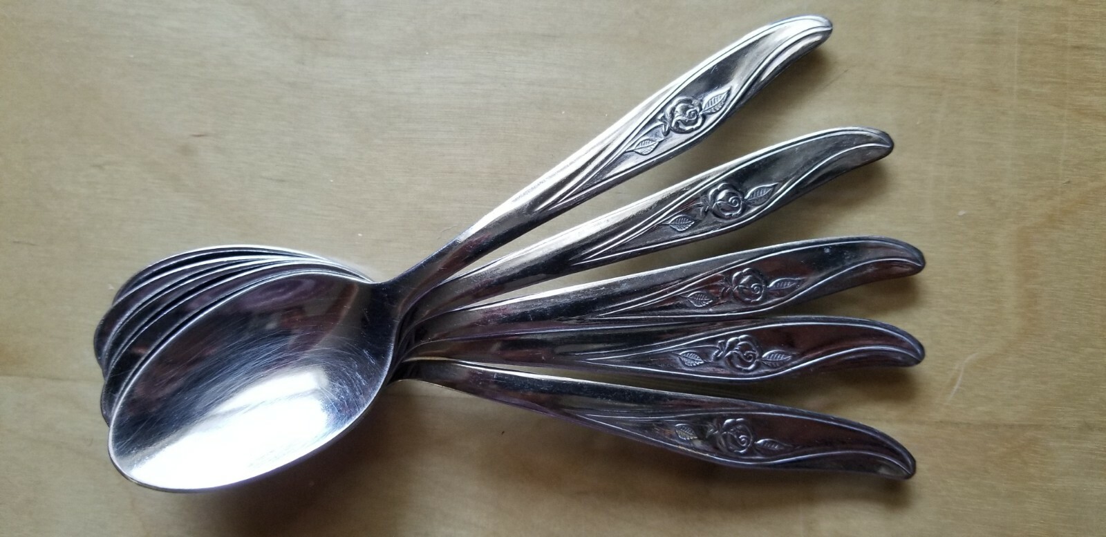 5 ANTIQUE Vintage Collectible SPOONS 6" UTICA STAINLESS STEEL- USA