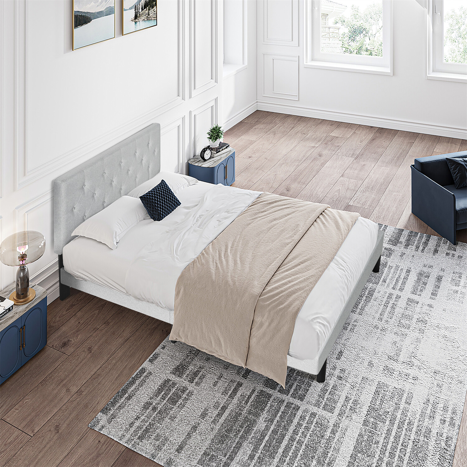 Twin Size Bed Frame Upholstered Platform Bed with Headboard Light Gray/Dark Gray