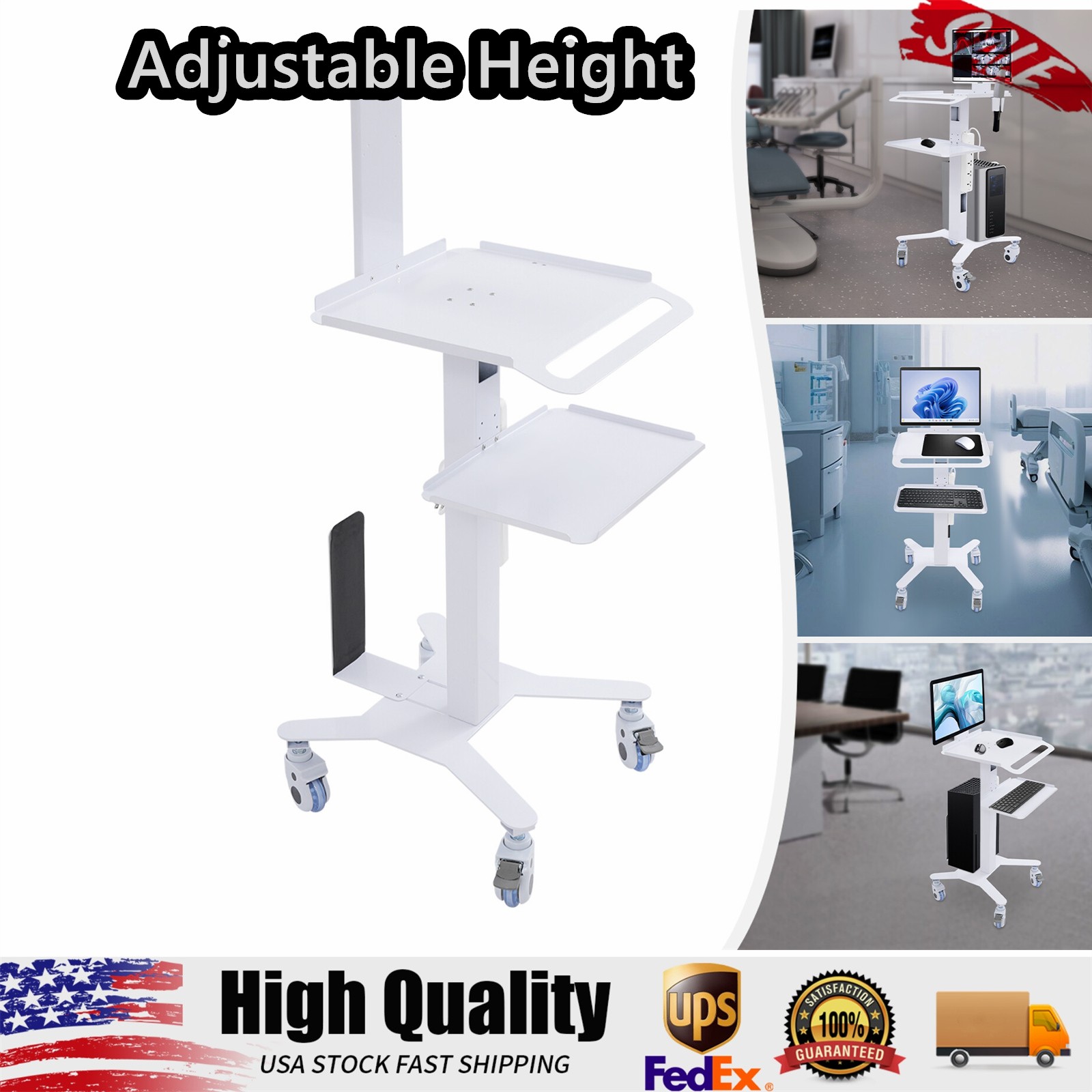 Rolling Computer Cart Adjustable Hospital Beauty Spa Trolley Cart Rolling Cart