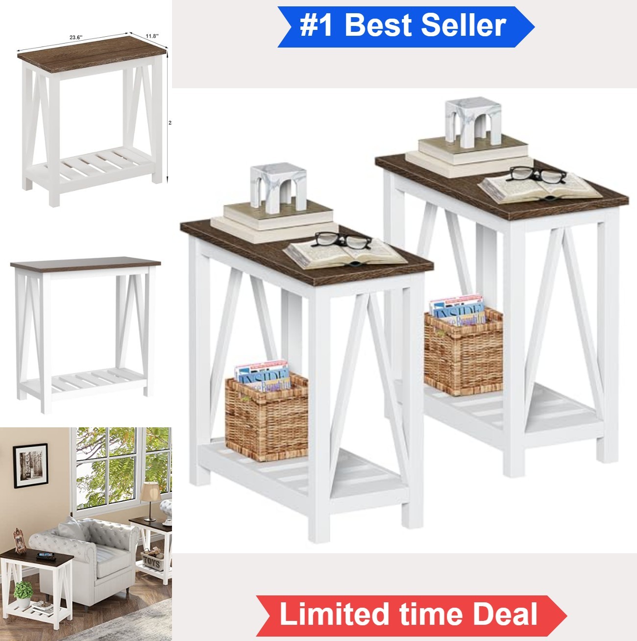 Farmhouse End Table Set of 2 Narrow Side Table with Shelf Slim Nightstand White