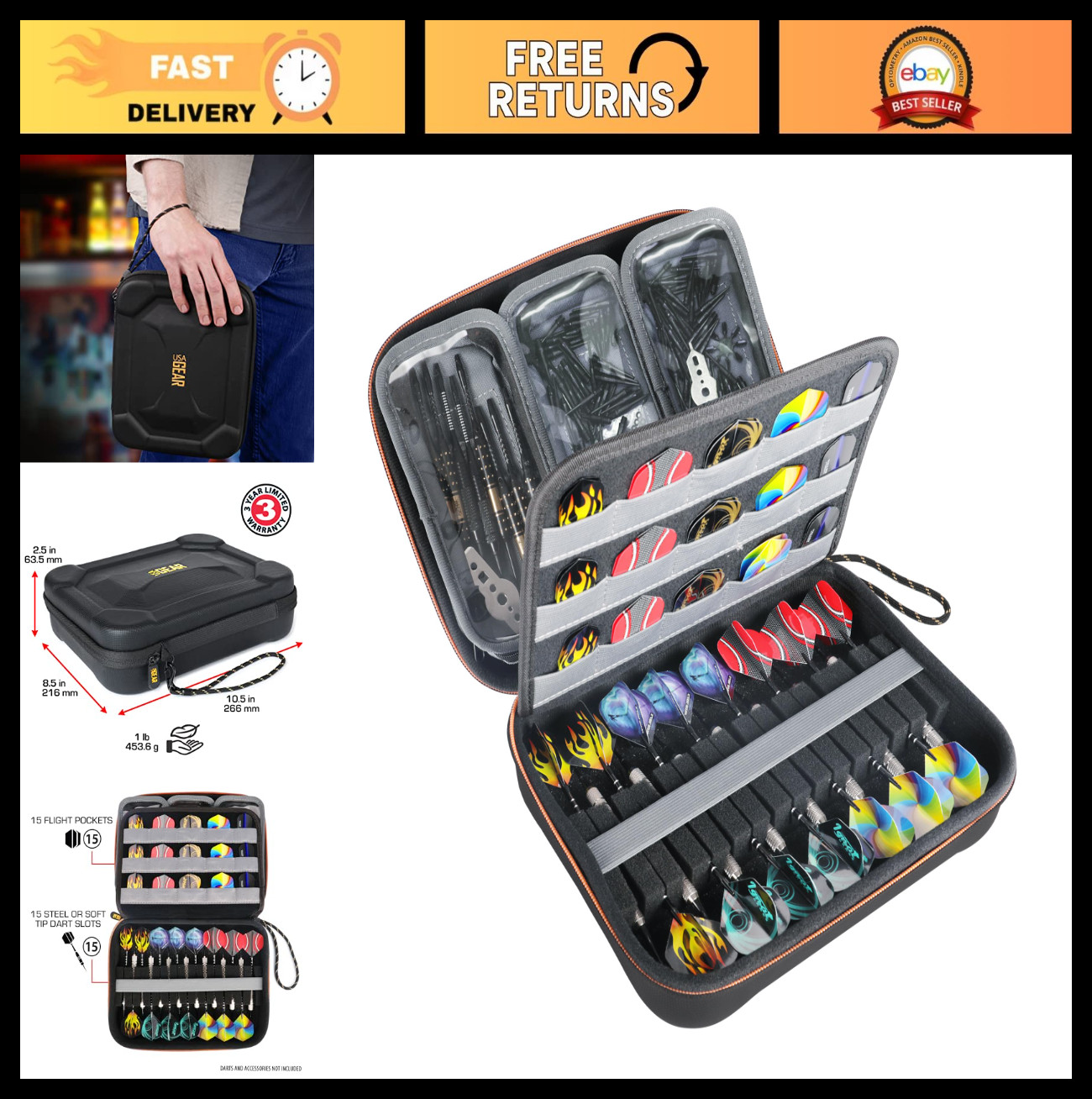 XL Semi Hard Shell Dart Case - Protective Storage for 15-Piece Dart Set, Tips &
