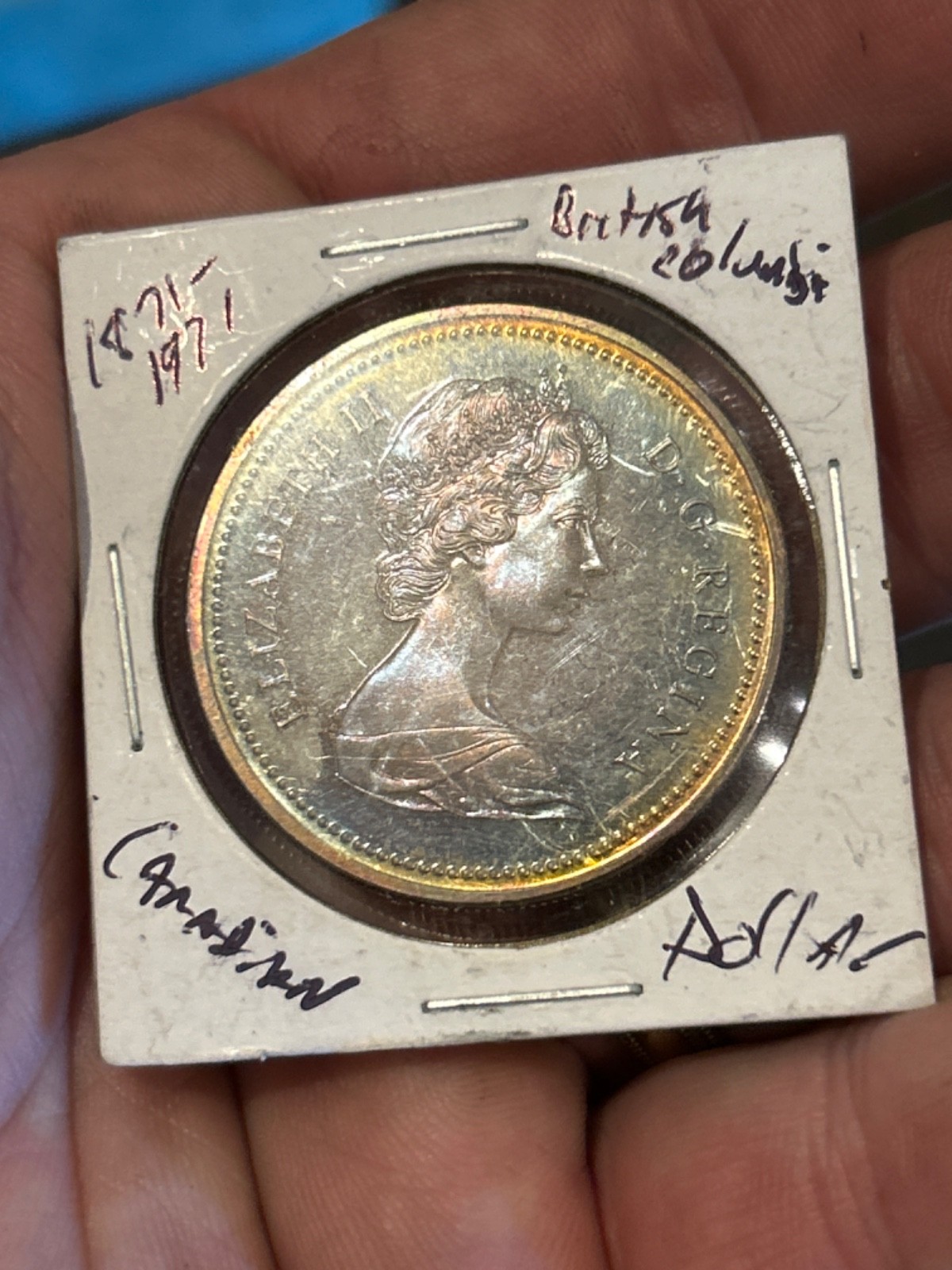 1971 $1 silver .500 celebrates ann. of British Columbia gorgeous toning