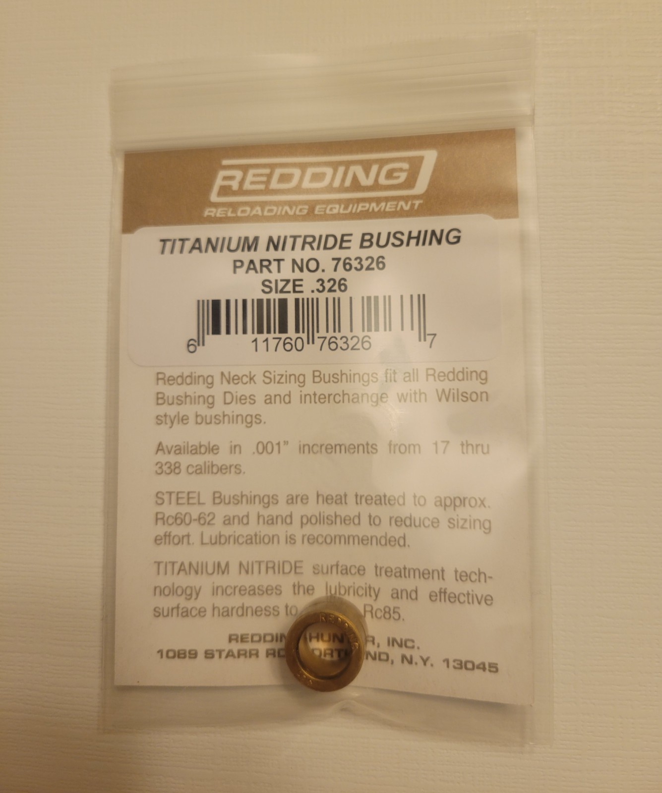 76326 REDDING TITANIUM NITRIDE .326 NECK SIZE BUSHING - BRAND NEW - FREE SHIP