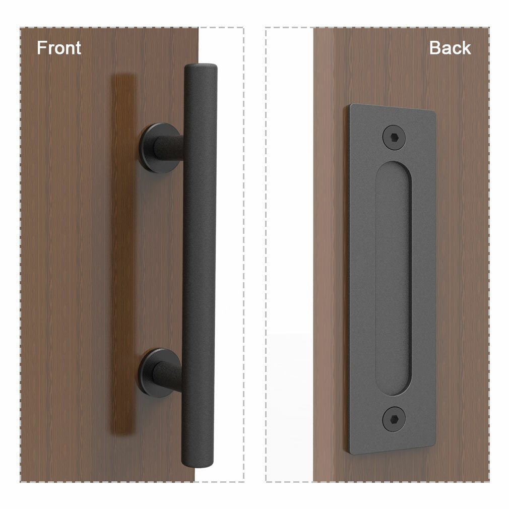 Sliding Barn Door Handle Pull and Flush Hardware Set Flat Back-Plate Matte Black