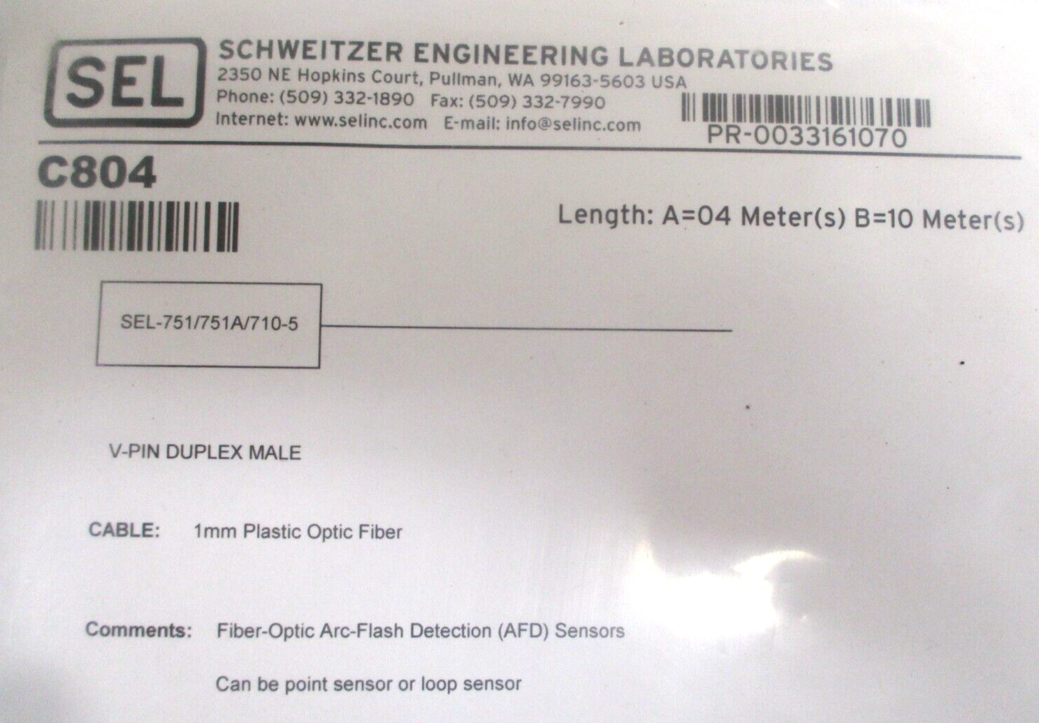 SCHWEITZER ENGINEERING , C80404S10XX, ARC FLASH DETECTION SENSOR , SURPLUS