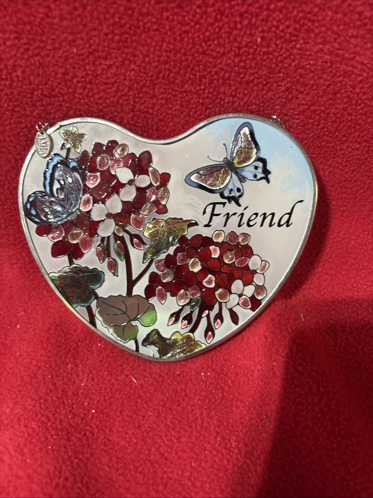 AMIA Window Art Handpainted Glass Suncatcher “Friend” w/ Flowers/Butterfly’s(C35