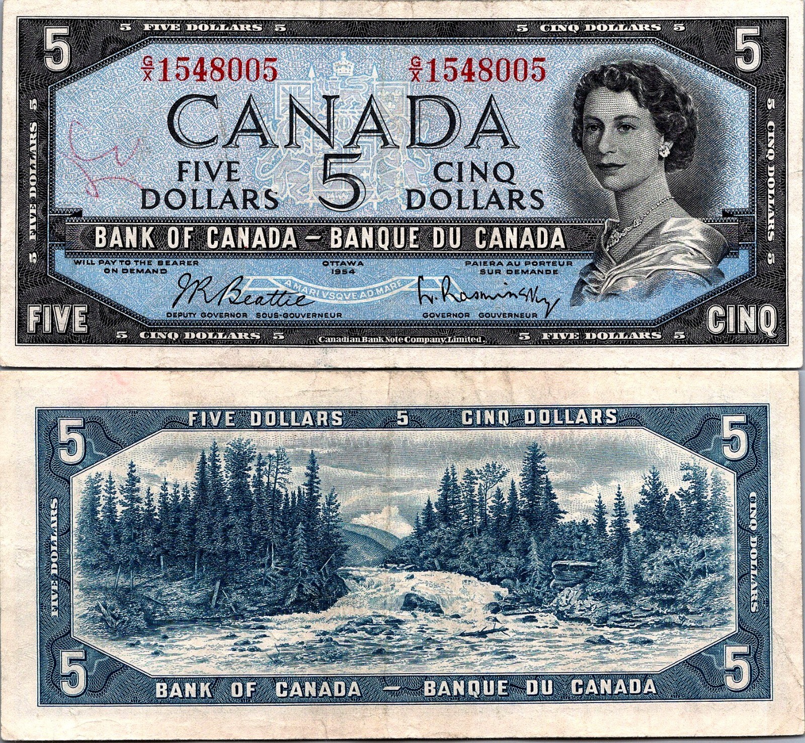 Canada 5 Dollars Bank of Canada 1954 Pick# 77b CVF-XF