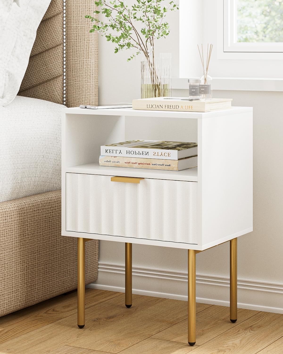 AEPOALUA Night Stand,Modern Bedside Table with Drawer 15.4*11.4*22.4, White