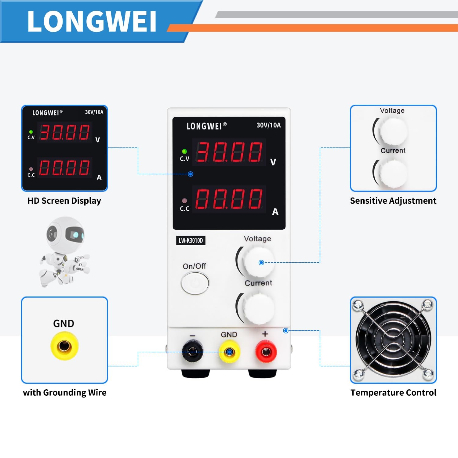 DC Power Supply Variable 30V 10A, 4-Digital LED Display, Precision Adjustable Re