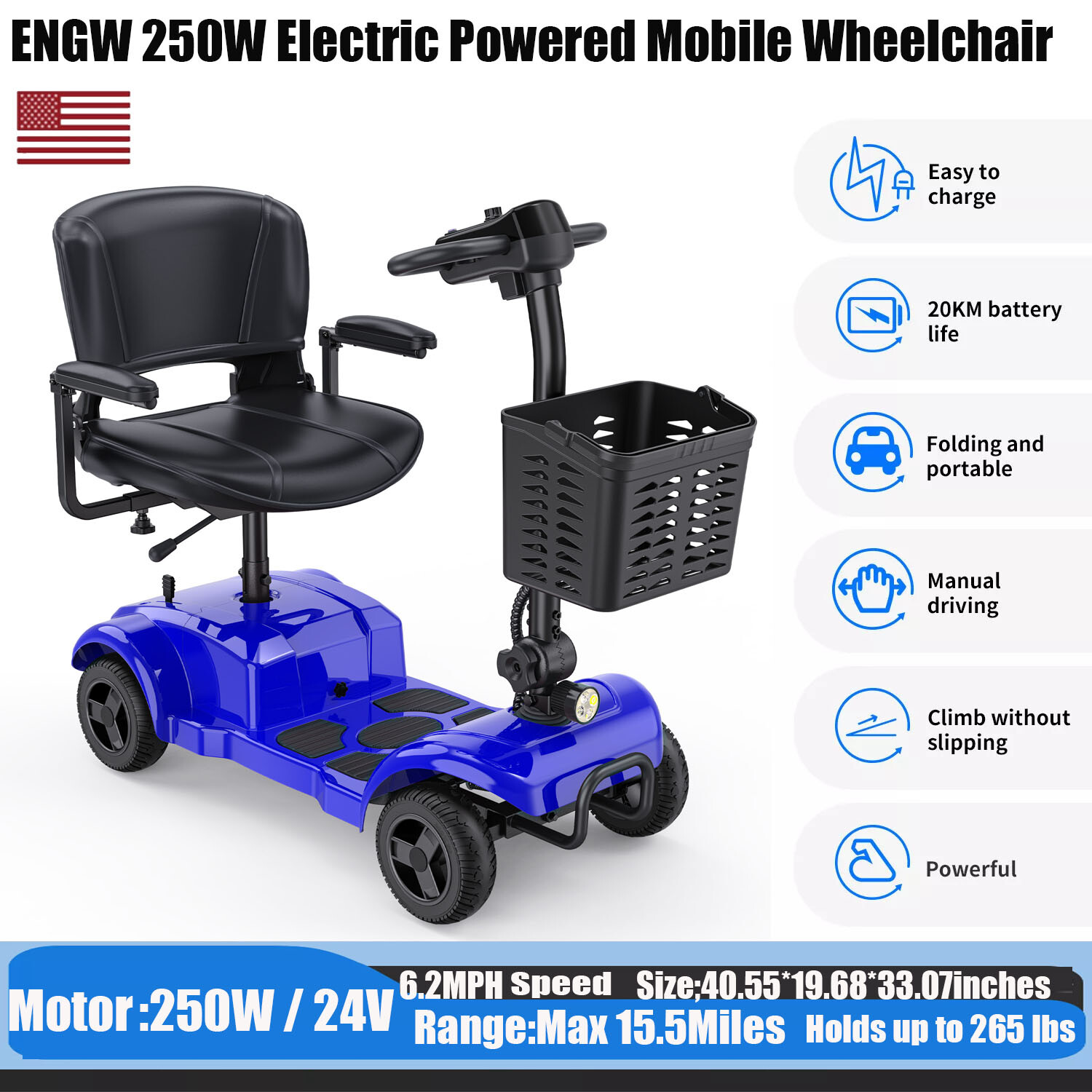 2024 4 Wheels Mobility Scooter Power Wheelchair Folding Electric For Home Travel