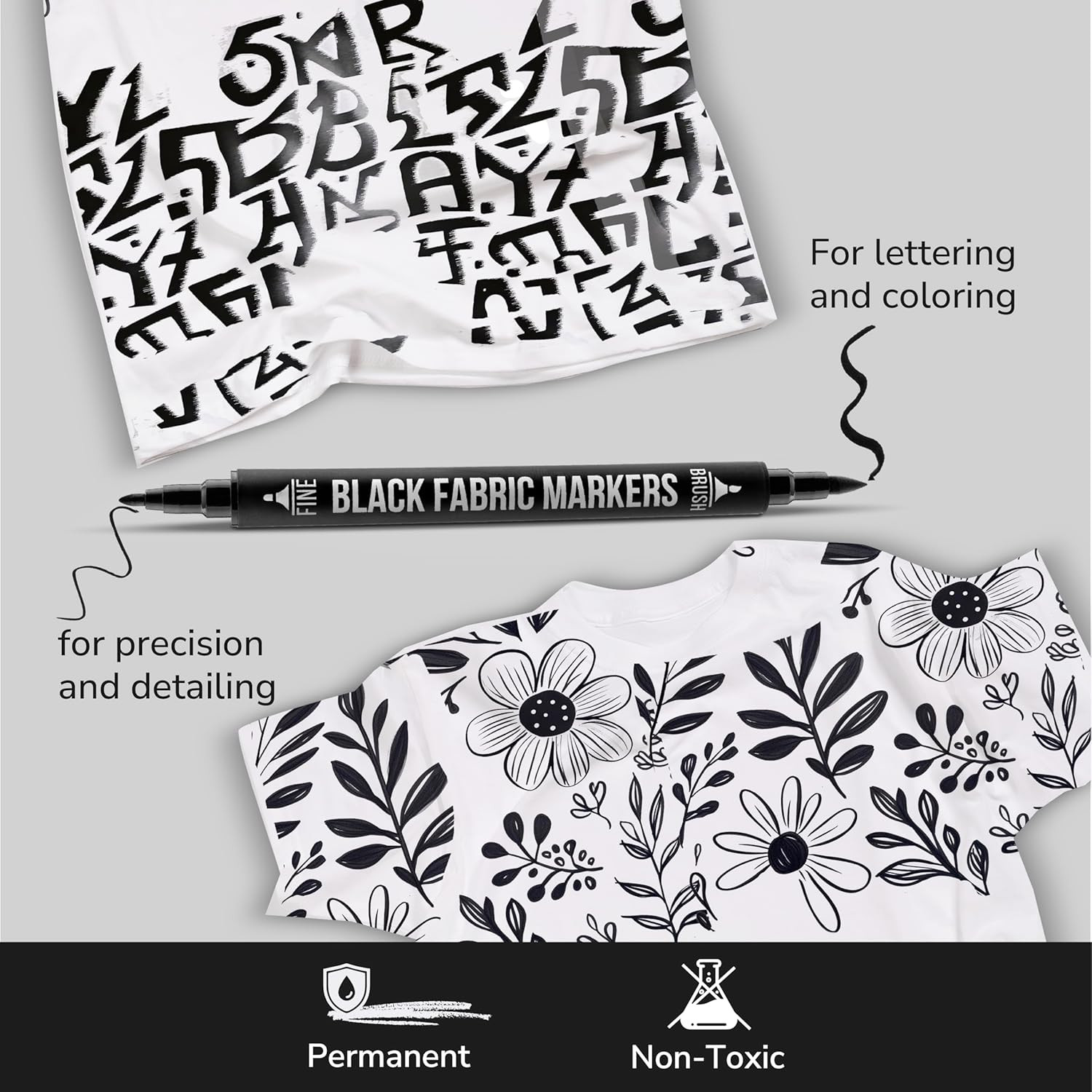 Black Fabric Markers 5 Pack Dual Tip Permanent Clothes Paint Pen Canvas