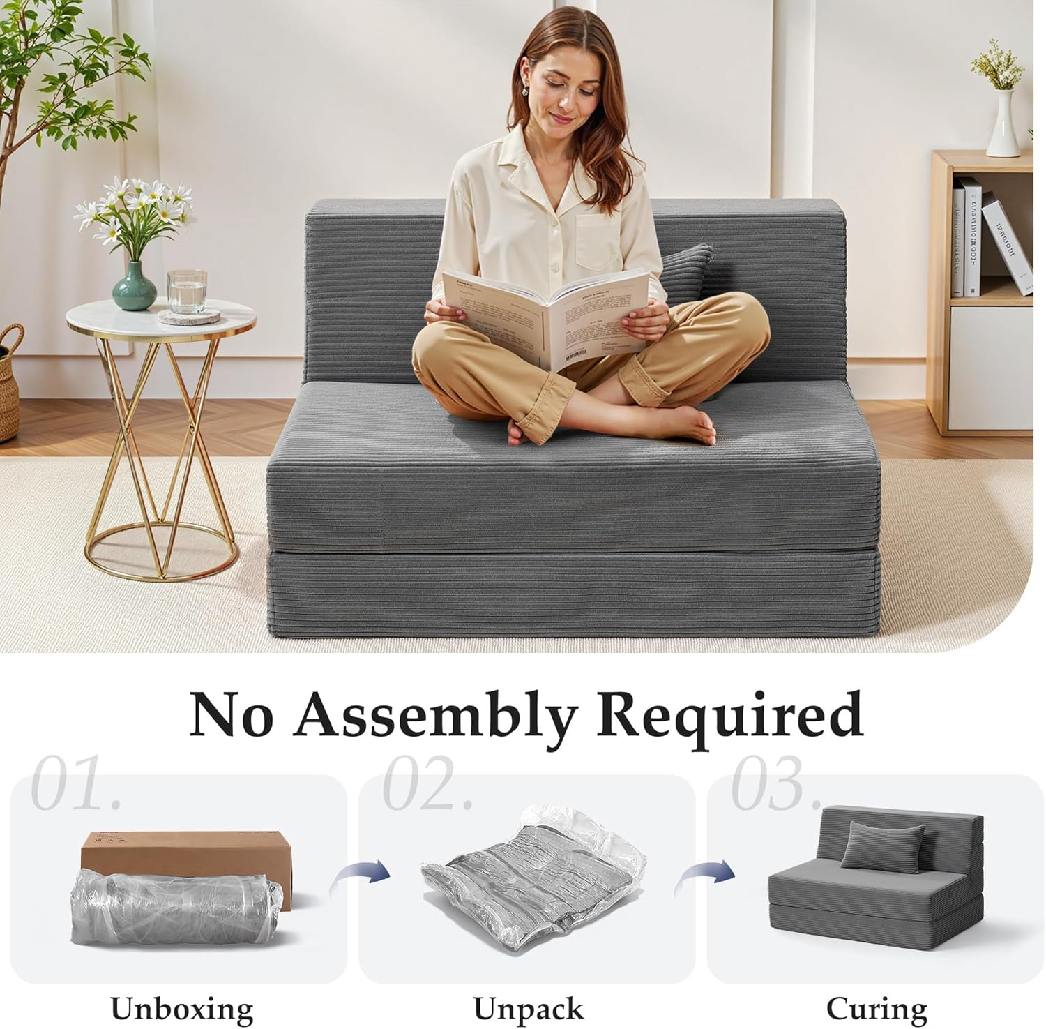 4-in-1 Folding Sofa Bed with Pillow, Washable Cover, Dark Gray, Single