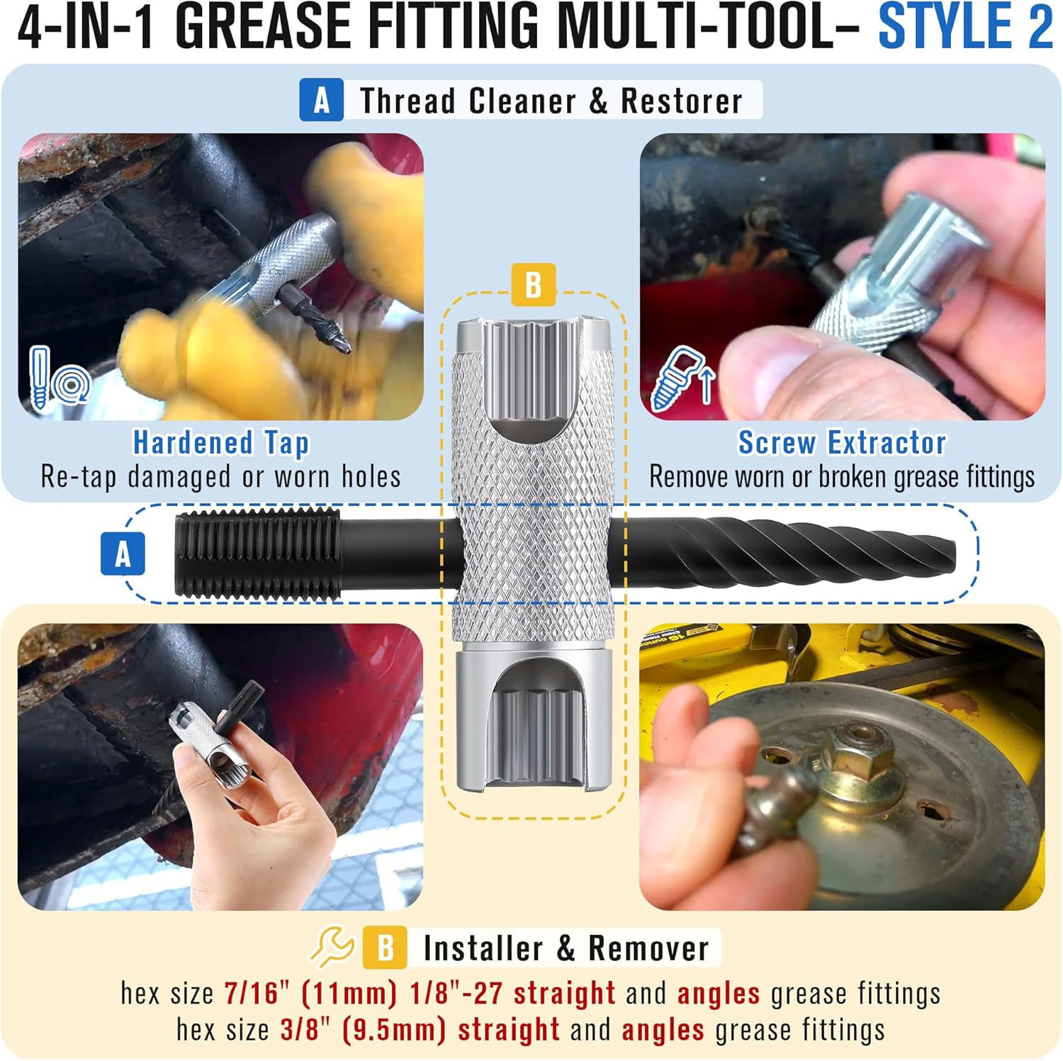 Grease Zerk Fitting Tool All in One Fittings Assortment Removal Fit 1/4"-28 SAE
