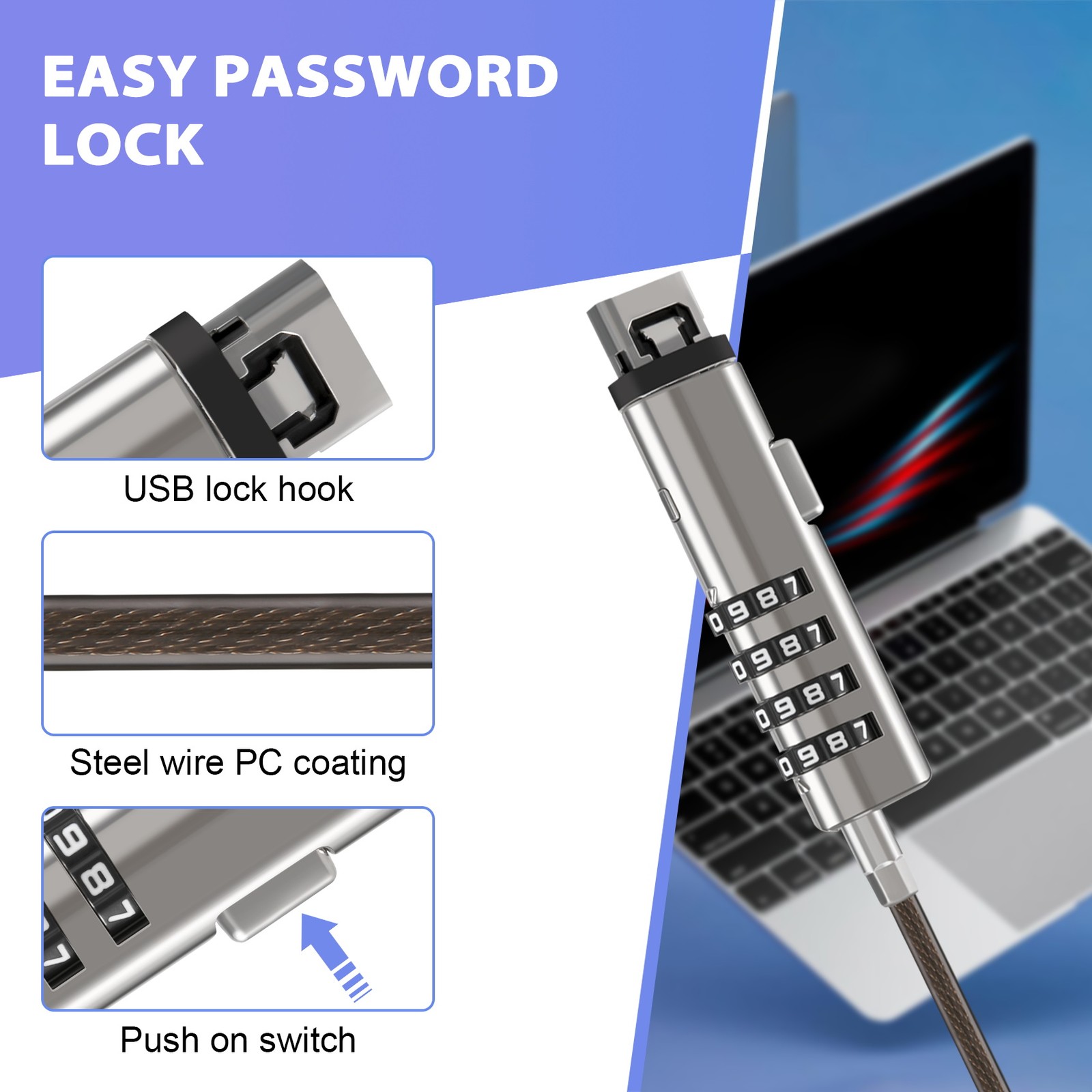 4 Digital Universal Lock USB Laptop Security Cable Lock for Computer L9Z57376