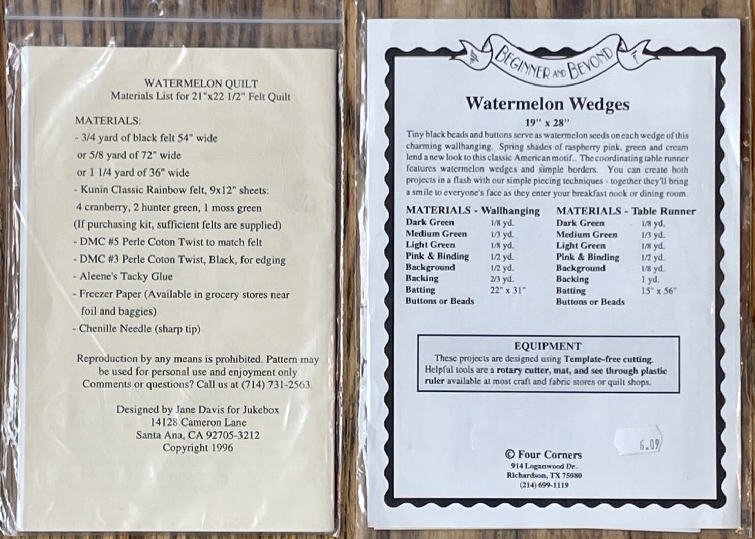 2 Watermelon Wall Hanging Quilt Patterns Four Corners Jukebox Jane Davis Unused
