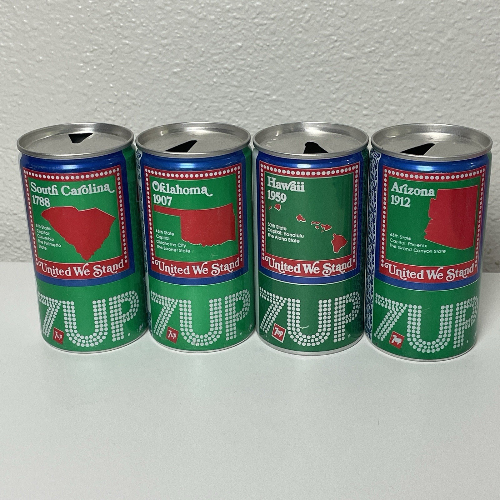 7up United We Stand Soda Pop 4 Cans Hawaii Arizona Oklahoma South Carolina VTG