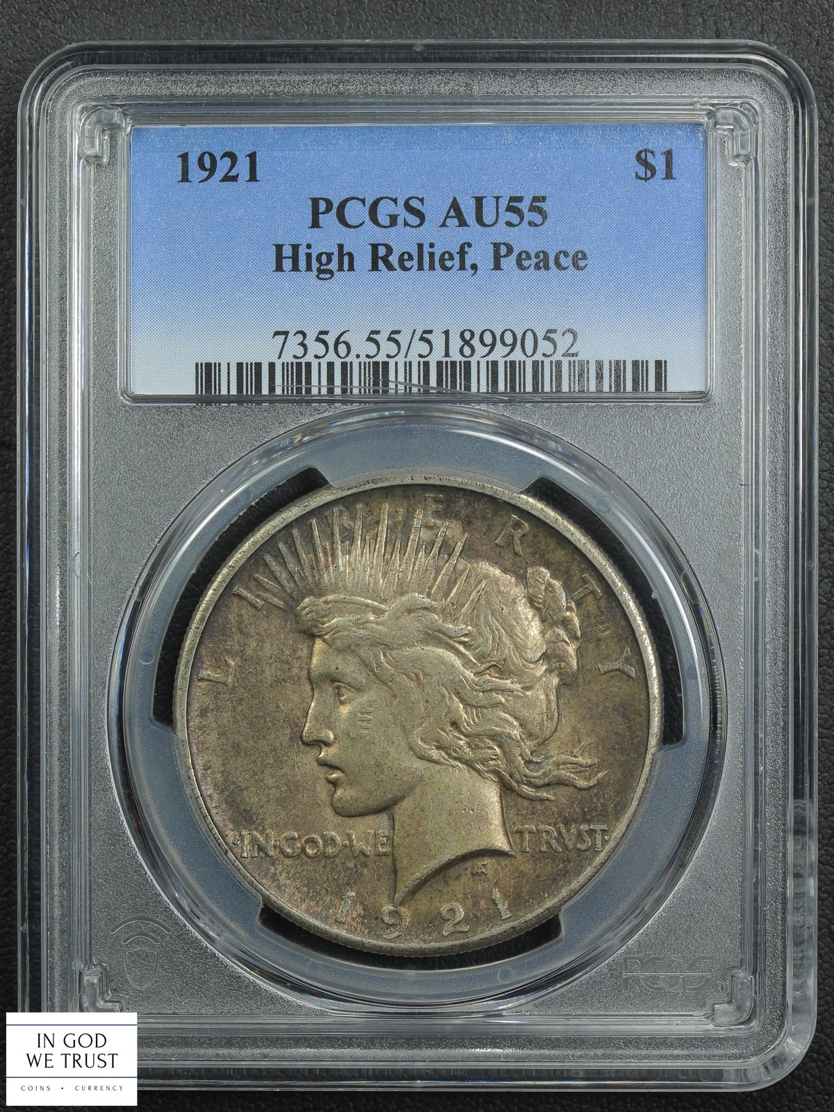 1921 High Relief Peace Silver Dollar $1 PCGS AU 55 (Toned!)