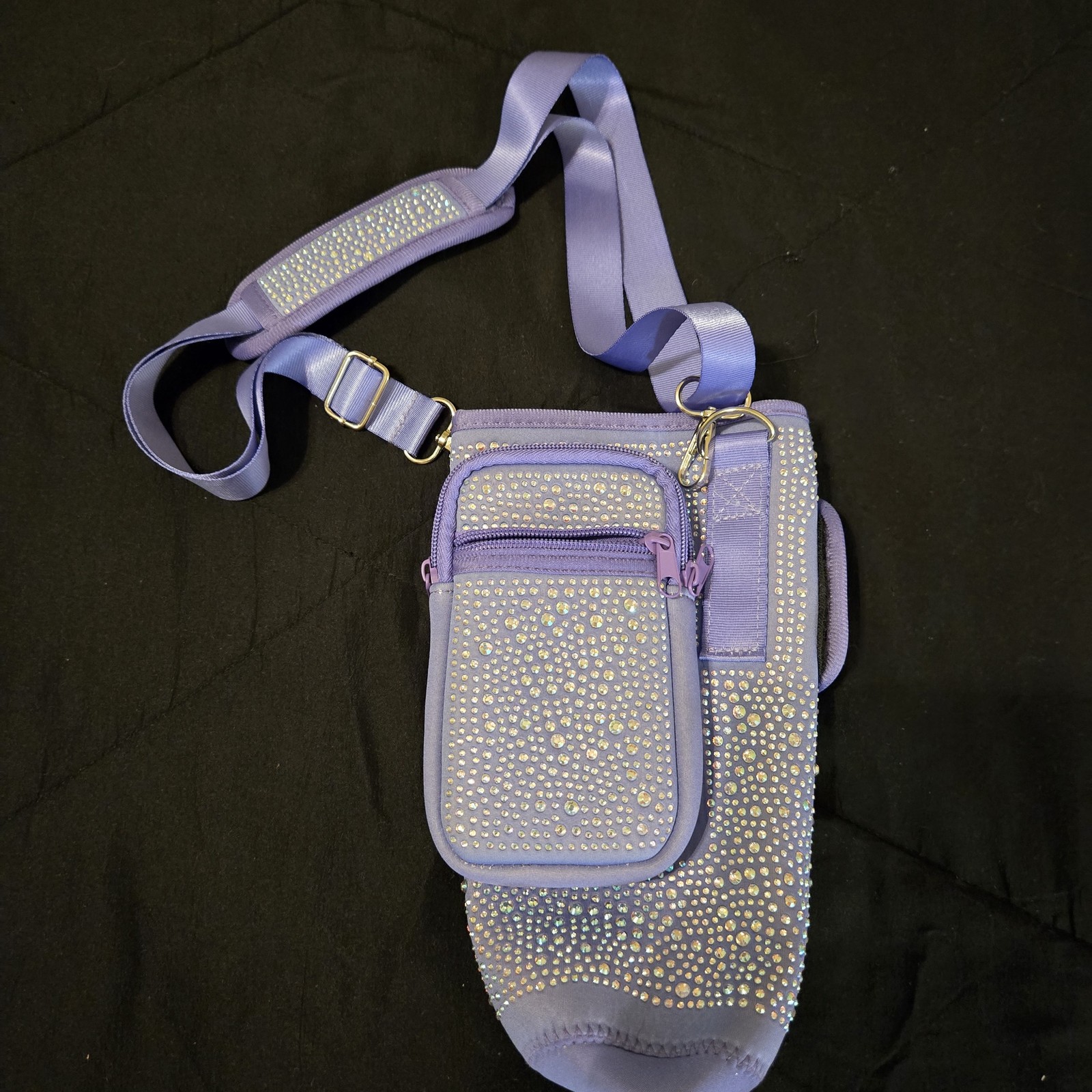 Purple 32 Fl Oz Insulated Water Bottle Sling Carrier Rhinestone Crossbody Bag