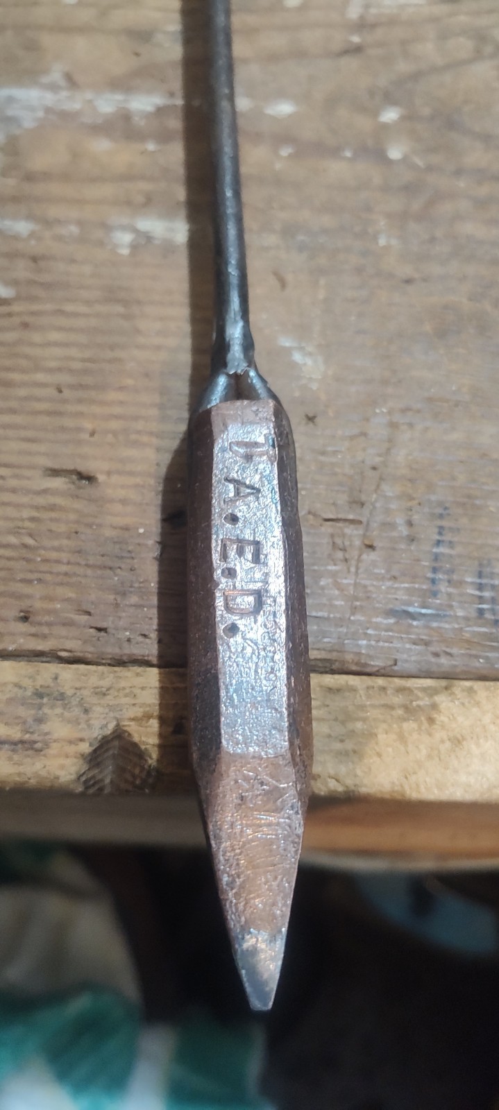 Soldering iron, flame heated copper tip with wood handle, Initial D.A.E .D
