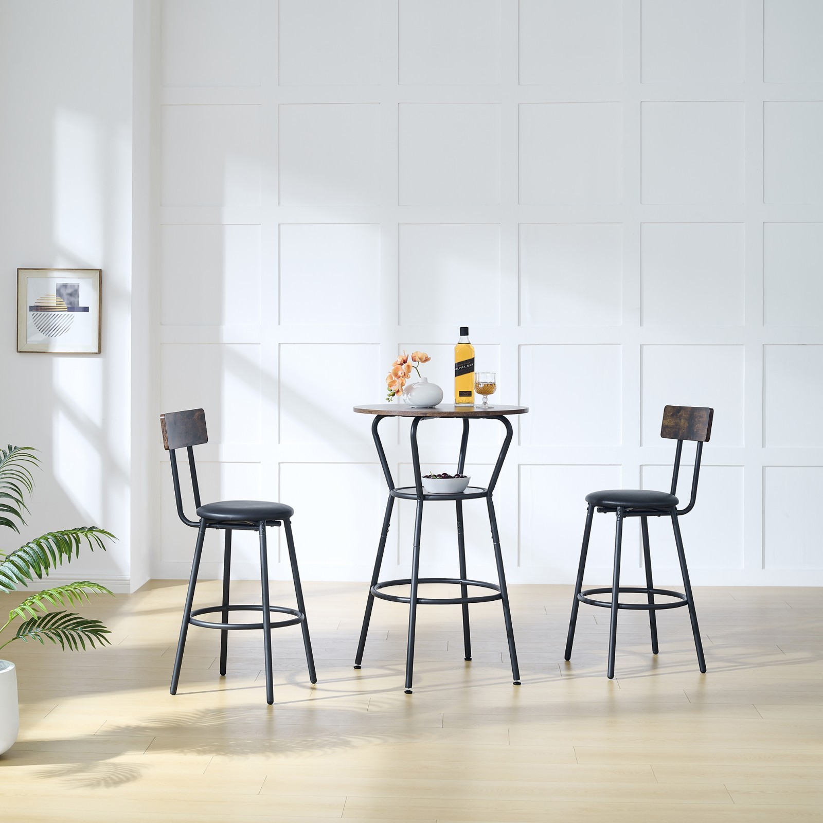 36" Round Bar Table & Upholstered Stool Set with Shelf, Rustic Brown