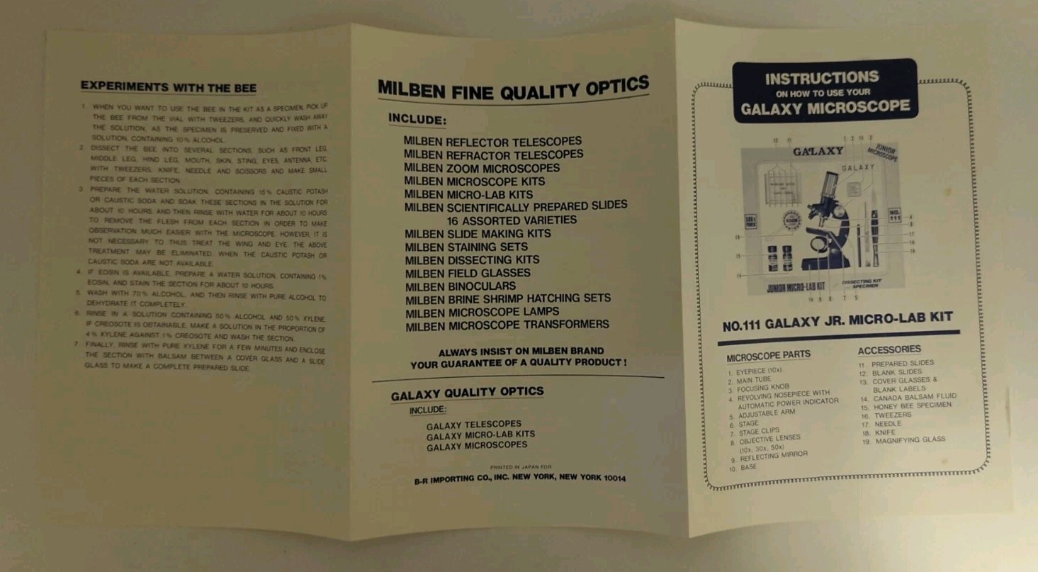 vtg Galaxy Microscope Junior Micro-Lab Dissecting Kit 100x-500x #111 w/Paper MIB