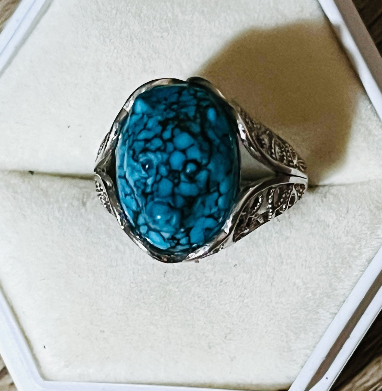 Hand-carved Turquoise Wolf Ring Statement Men’s Ring Amulet Size Fixable
