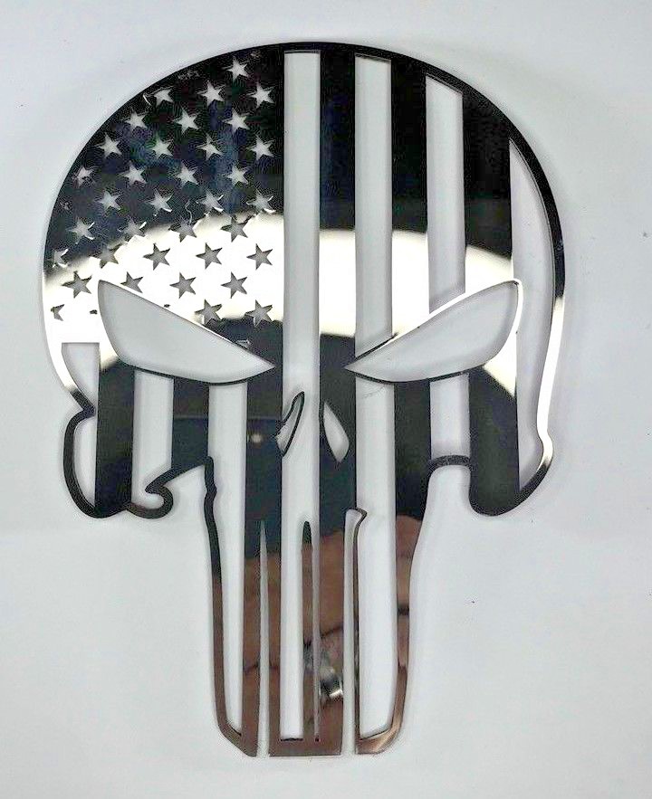 Stainless Steel Punisher Skull Emblem Decal Sticker American Flag Polished Large
