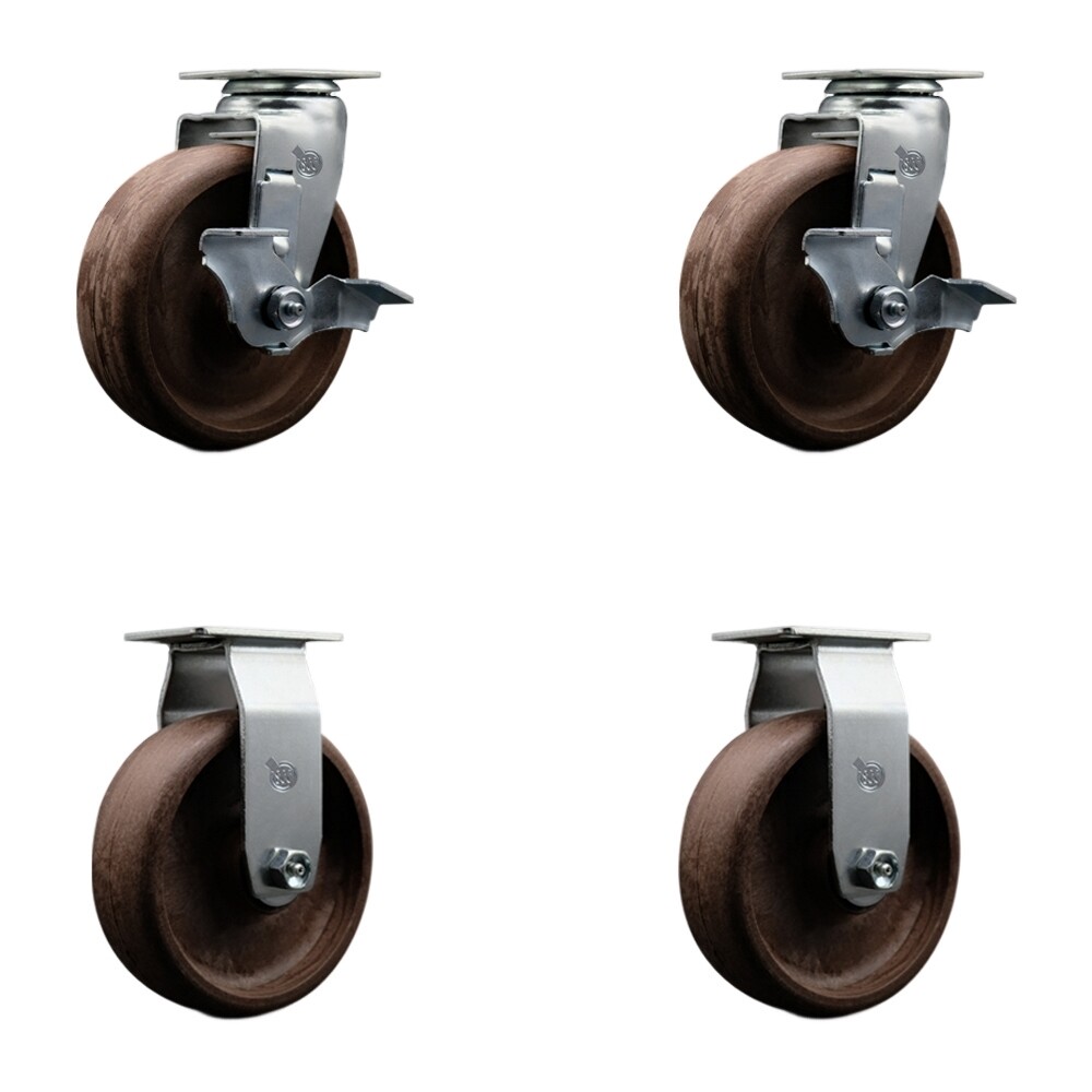 6 Inch High Temp Glass Filled Nylon Caster Set w/Roller Bearing 2 Brakes 2 Rigid