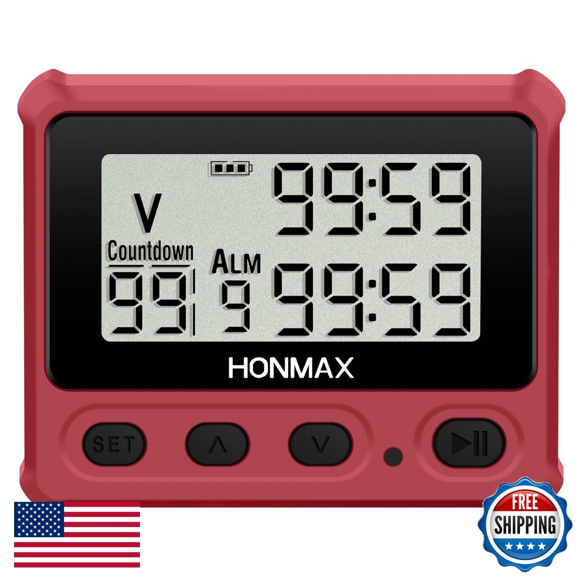 Honmax 8200-0401 Digital Interval Timer Stopwatch USB-C Rechargeable Red