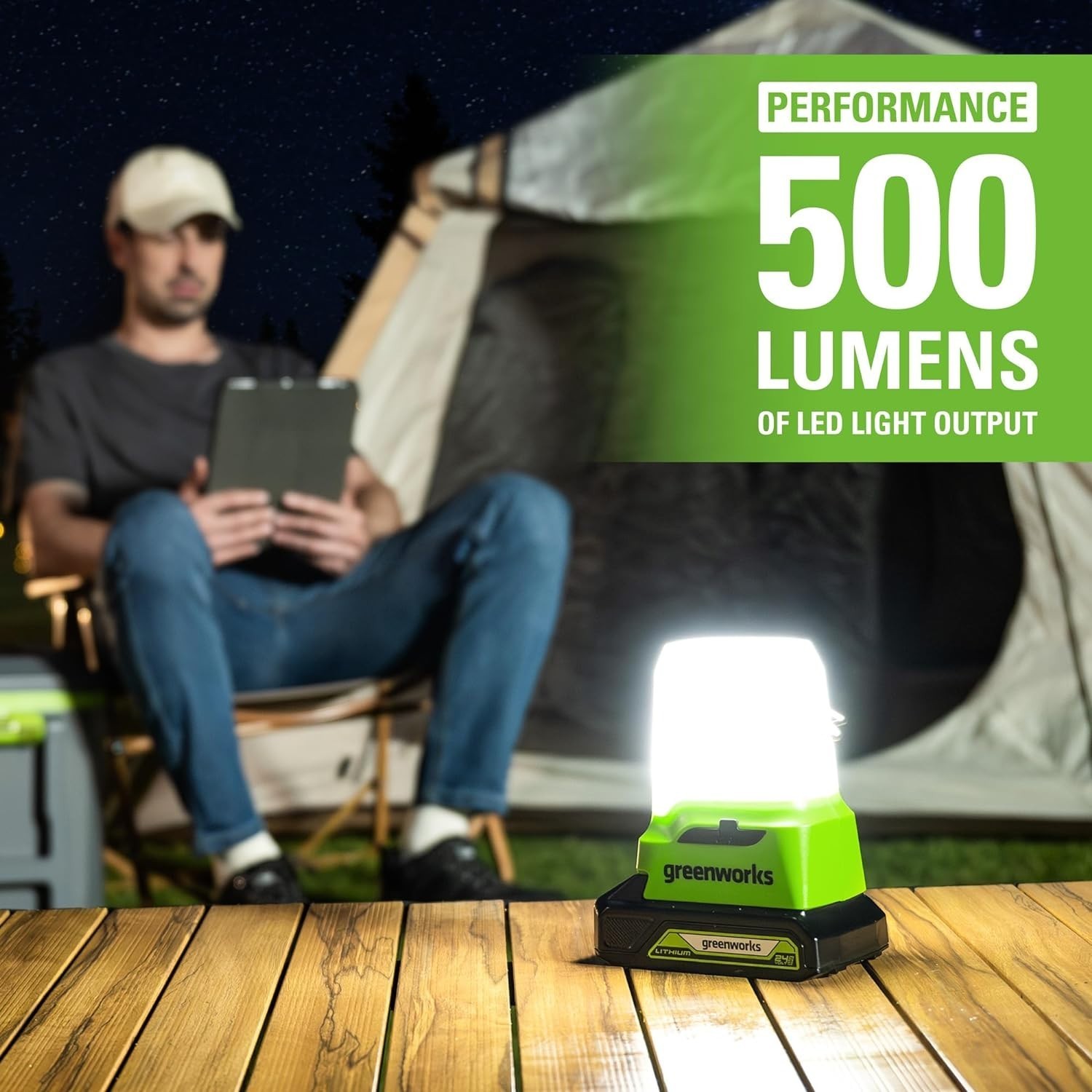 Greenworks 24V Lantern 500 Lumens Camping Light with 2Ah Battery and 2A Charger
