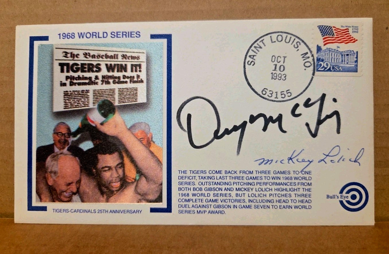 Denny McLain & Mickey Lolich Signed Bull's Eye Cachet 25th Ann 1968 WS W/COA