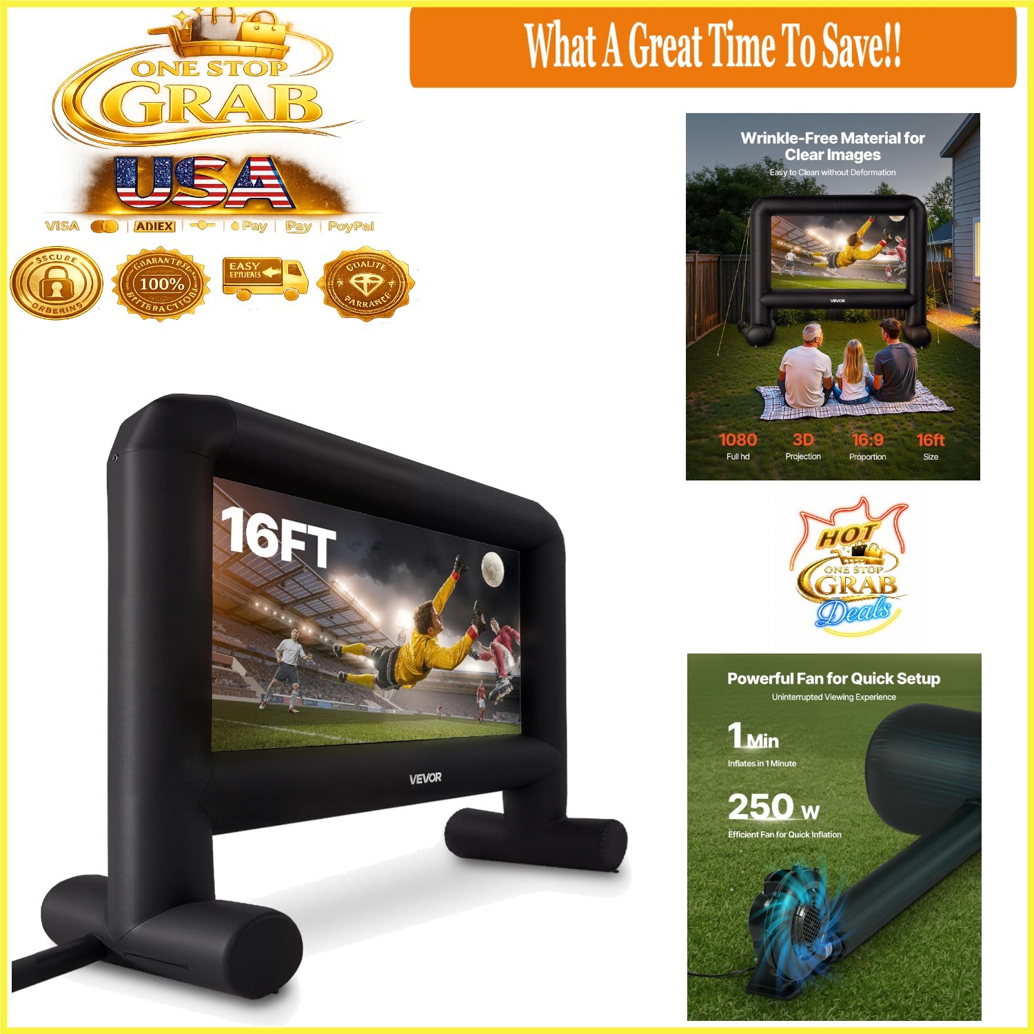 16FT Inflatable Outdoor Movie Screen Projector Screen with Bag - Easy Setup