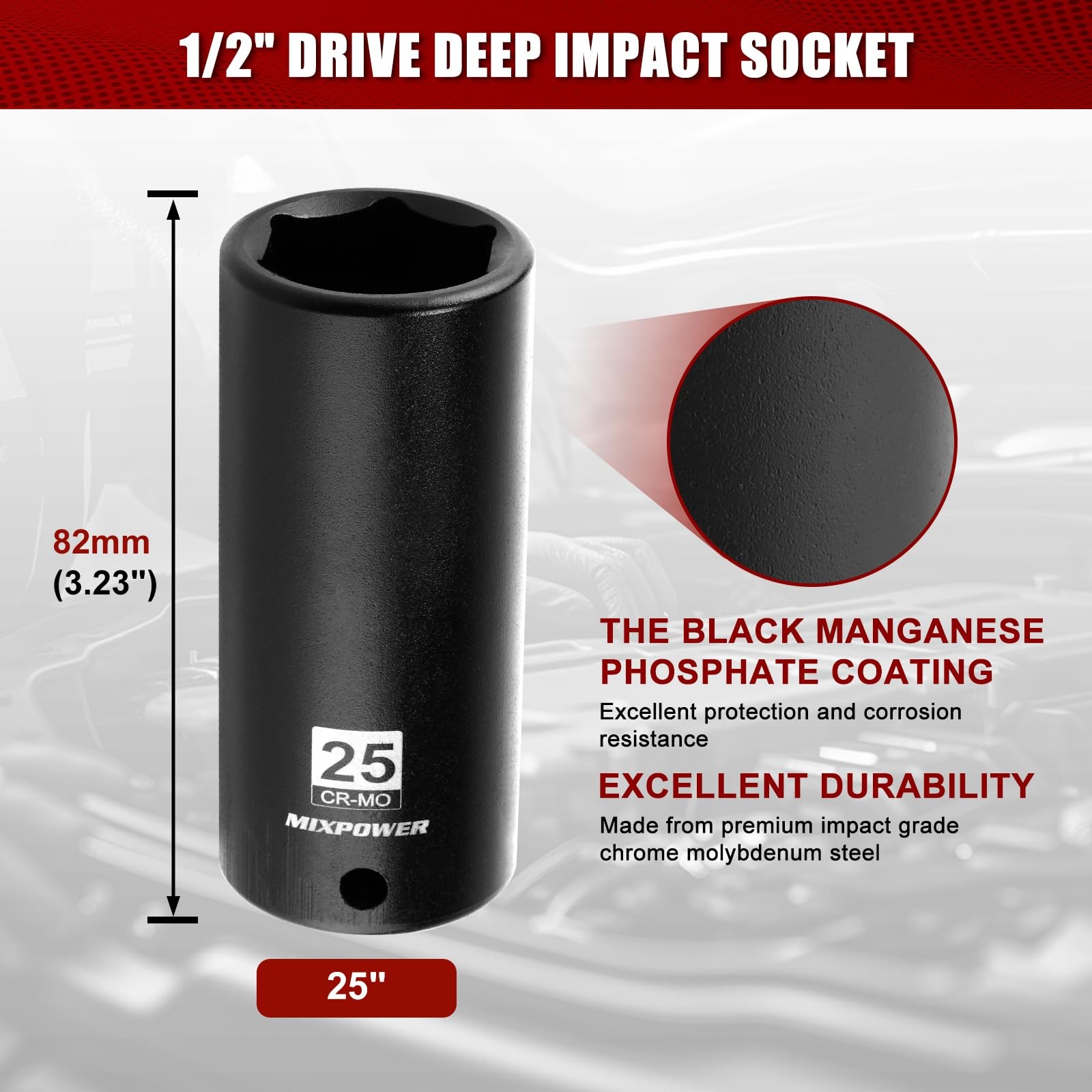 1/2" Drive Deep Impact Socket,CR-MO,25mm,6 Point, Radius Corner 25mm