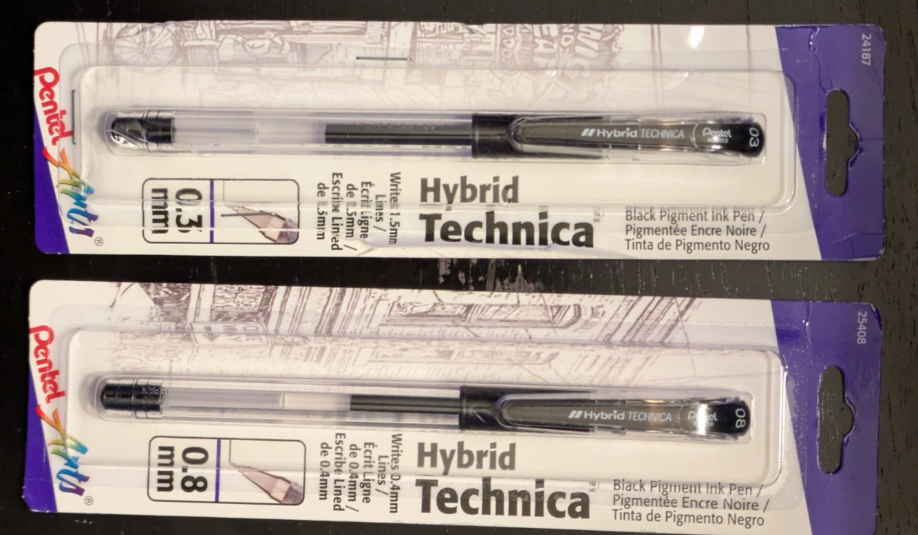 Pentel Hybrid Technica Pen 0.3mm OR Pentel Hybrid Technica Pen 0.8mm Black - NEW