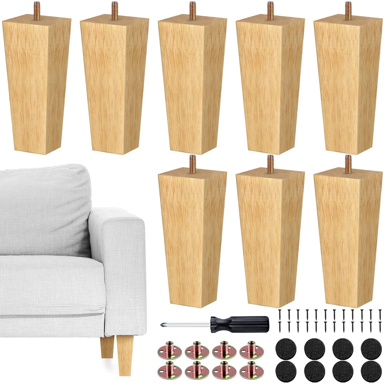 Set Of 8 Furniture Legs 6 Inch Square Solid Wood Couch Legs Replacement Sofa Leg
