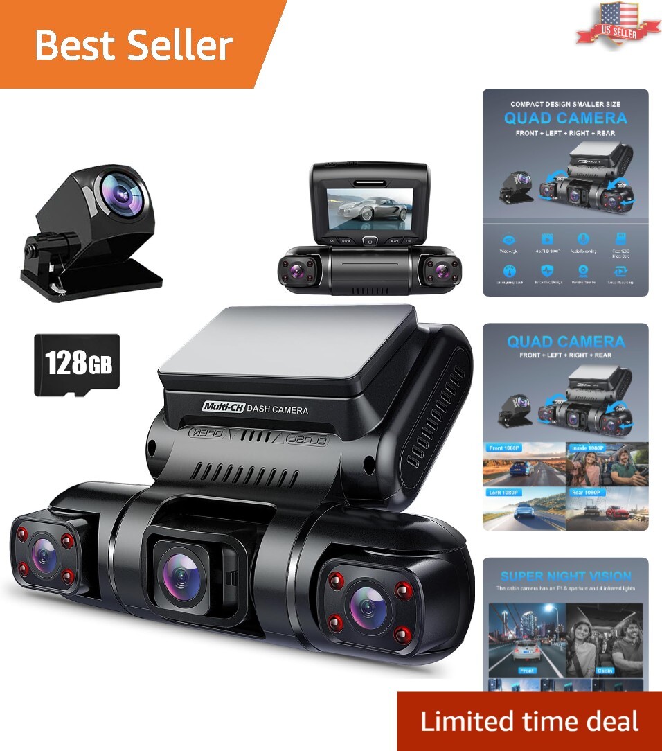 360-Degree 4-Channel Dash Cam with Built-in GPS and Night Vision & 128G Card