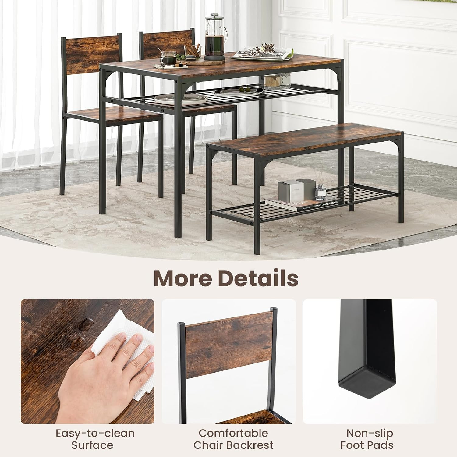 Dining Table Set for 4, Kitchen Table with Chairs & Bench, Storage Racks, Metal