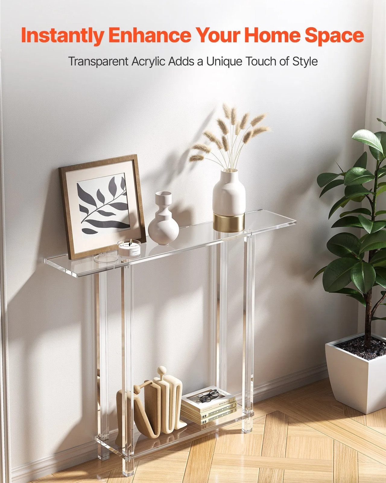 Acrylic Console Table, 2 Tiers Narrow Side Desk with Bottom Open Storage, Modern