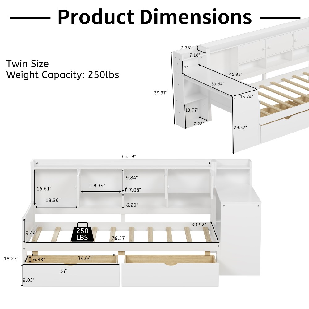 White L-Shape Daybed w/ Storage Cabinets & Desk, Twin Size