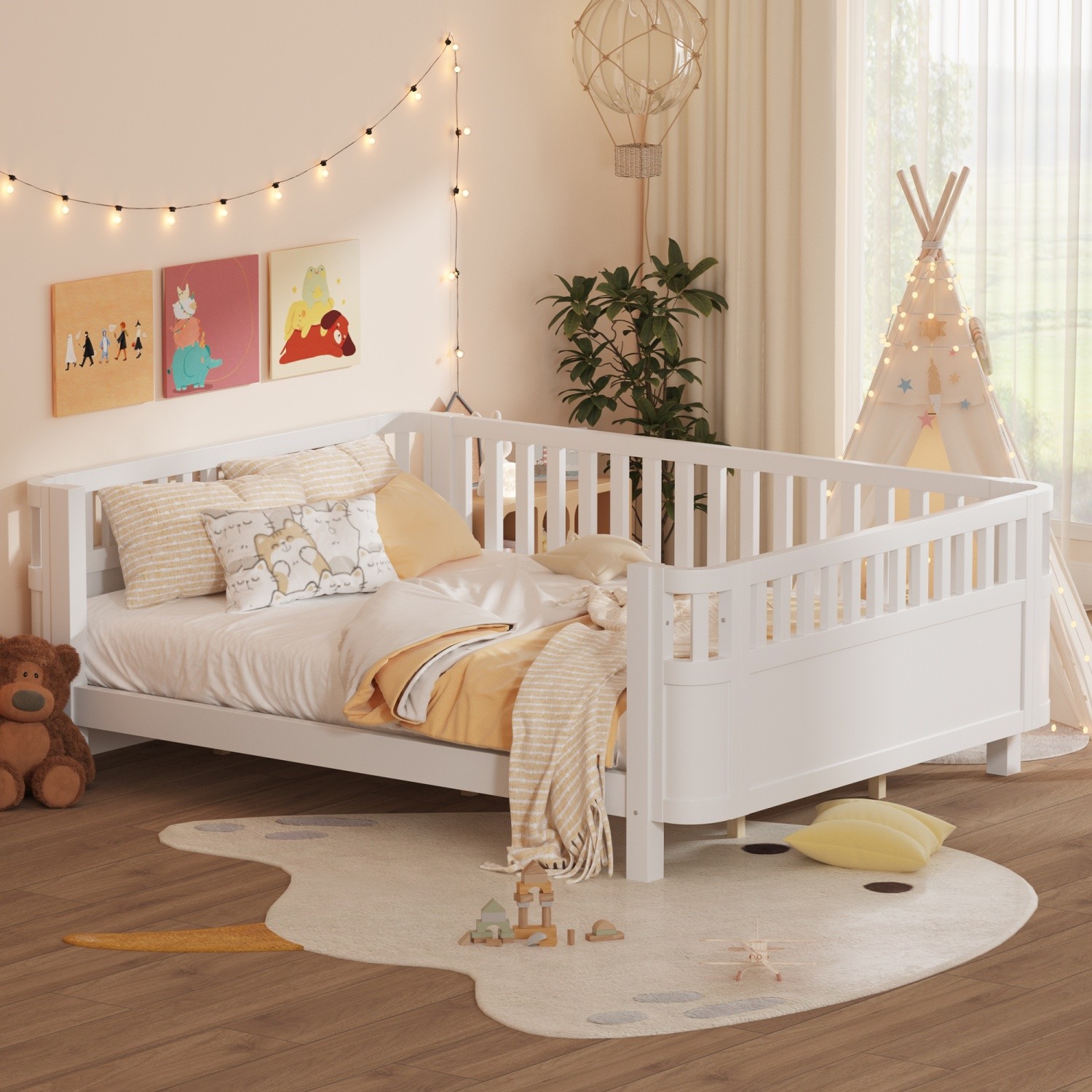 Queen Kids Platform Bed with Safety Guardrails Sturdy Low Profile Wood Frame