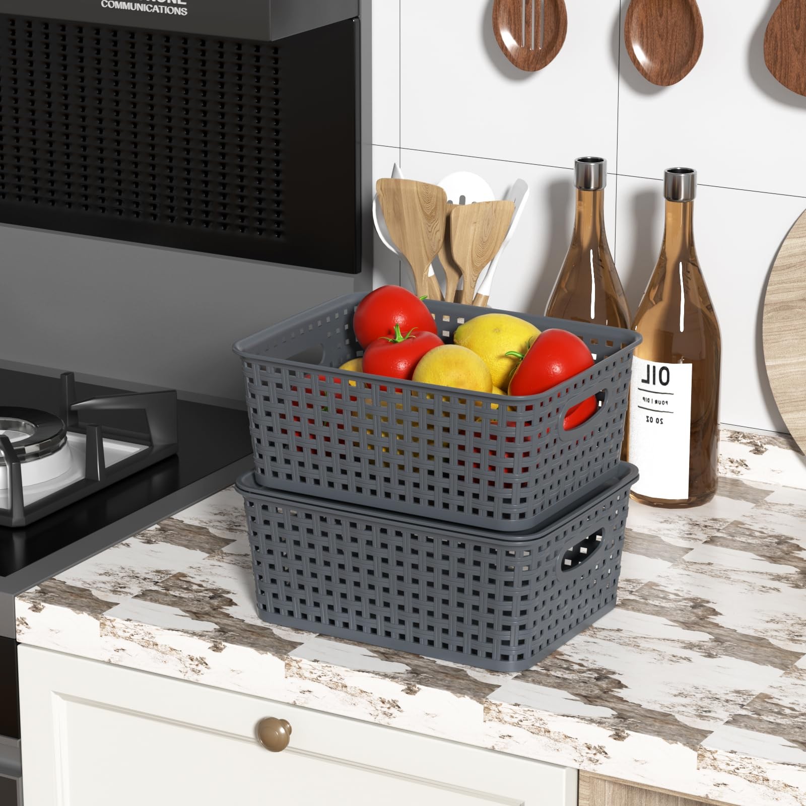 6 PCS Gray Weave Lidded Storage Baskets Matching DustProof Lids Stackable Bin