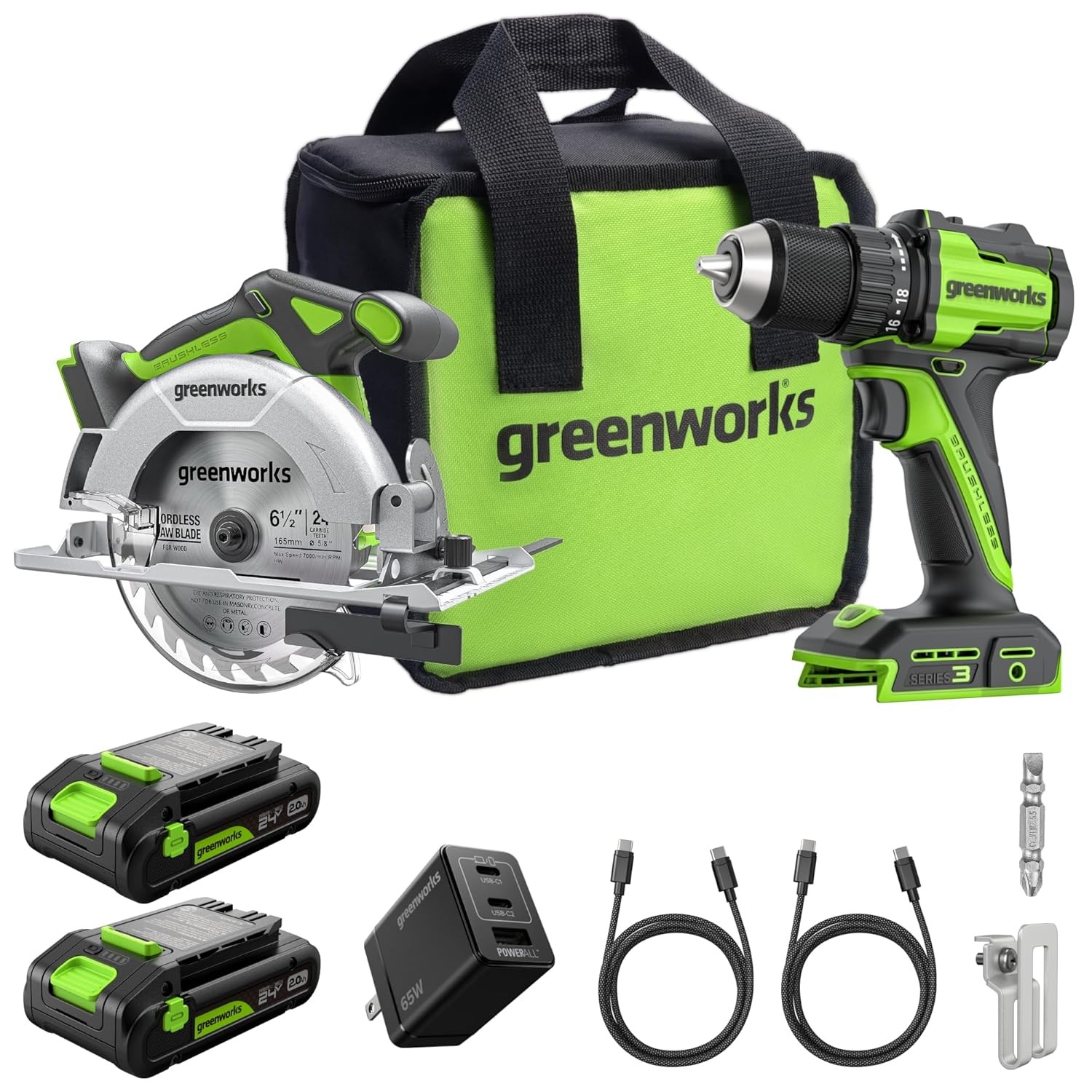 Greenworks 24V 1/2" 400 in-lbs Cordless Drill and 6.5" Circular Saw Combo Kit