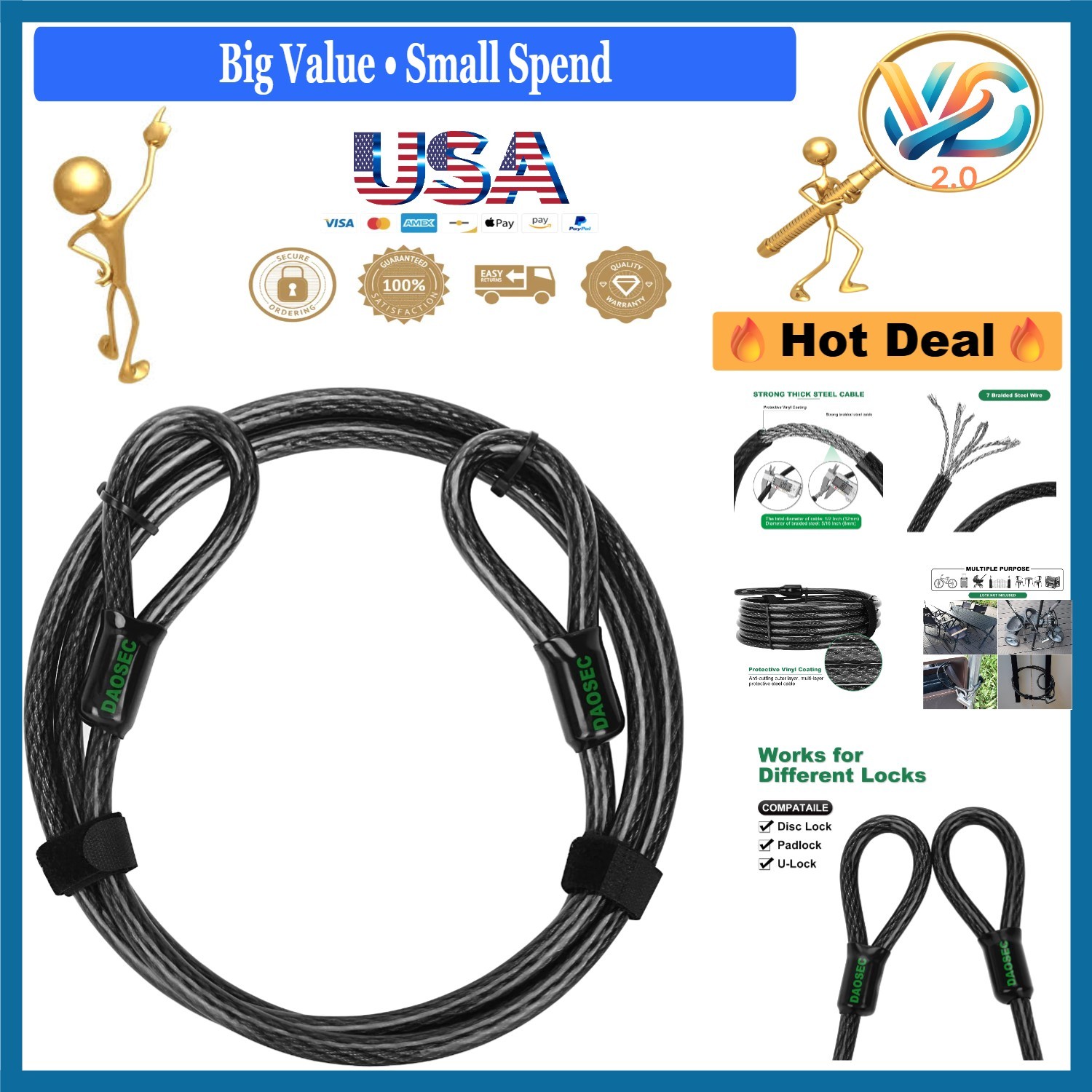 7ft Heavy Duty Cut-Proof Security Cable Black Vinyl-Coated Steel for Bikes