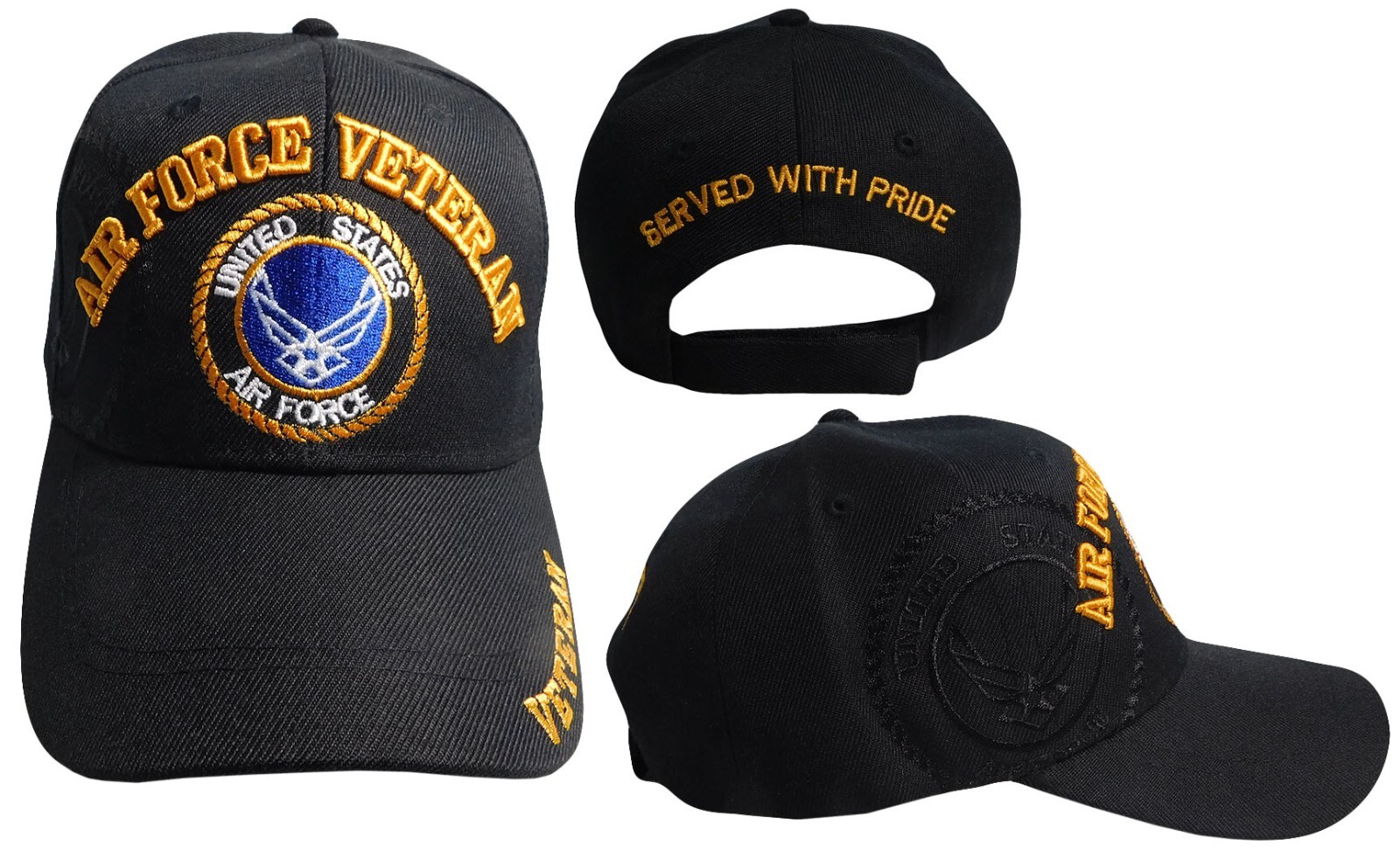 US Air Force Veteran Wings Shadow Served With Pride Black Embroidered Cap Hat