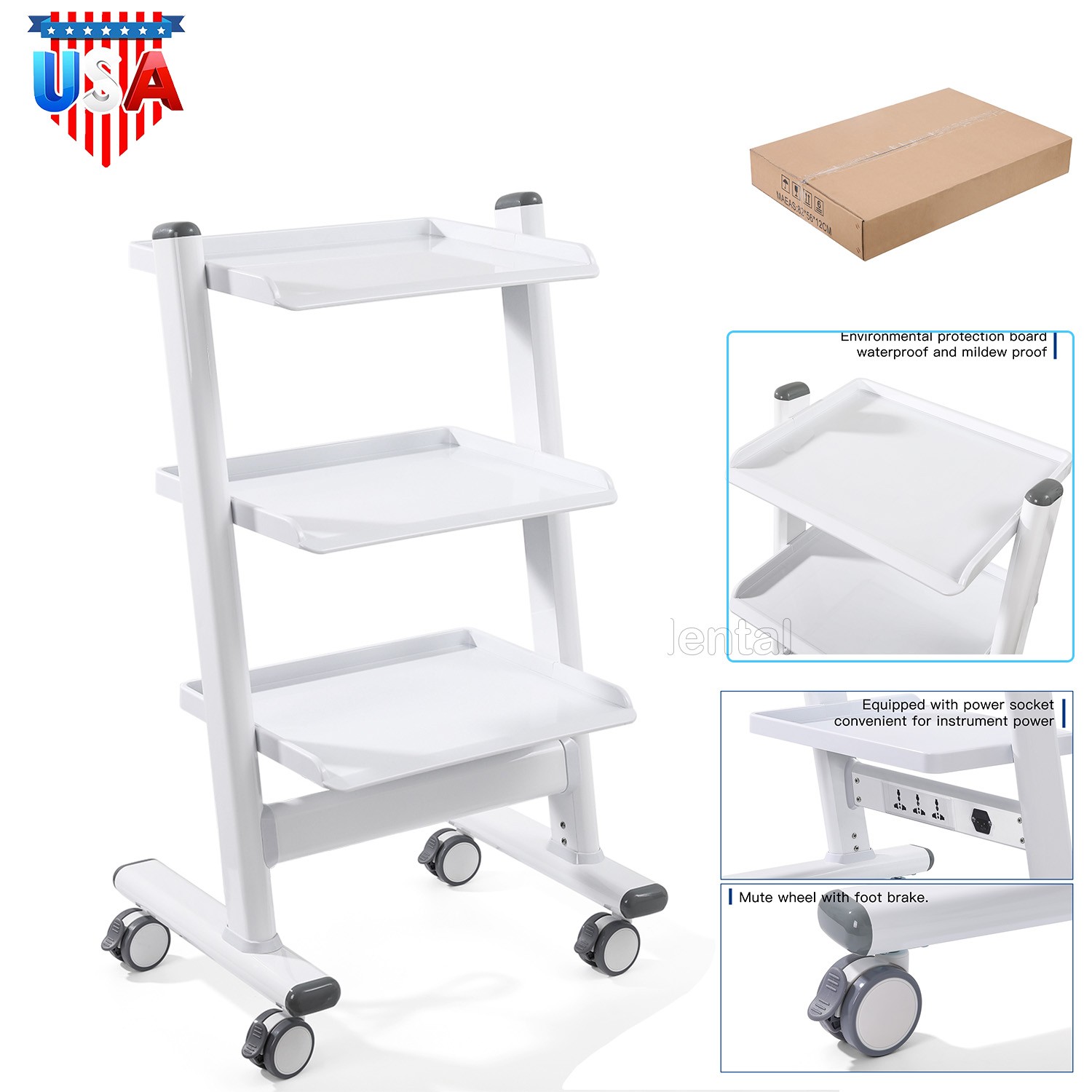 3 Tray Rolling Dental Trolley Cart Mobile Ultrasound Cart Lab Equipment Machine