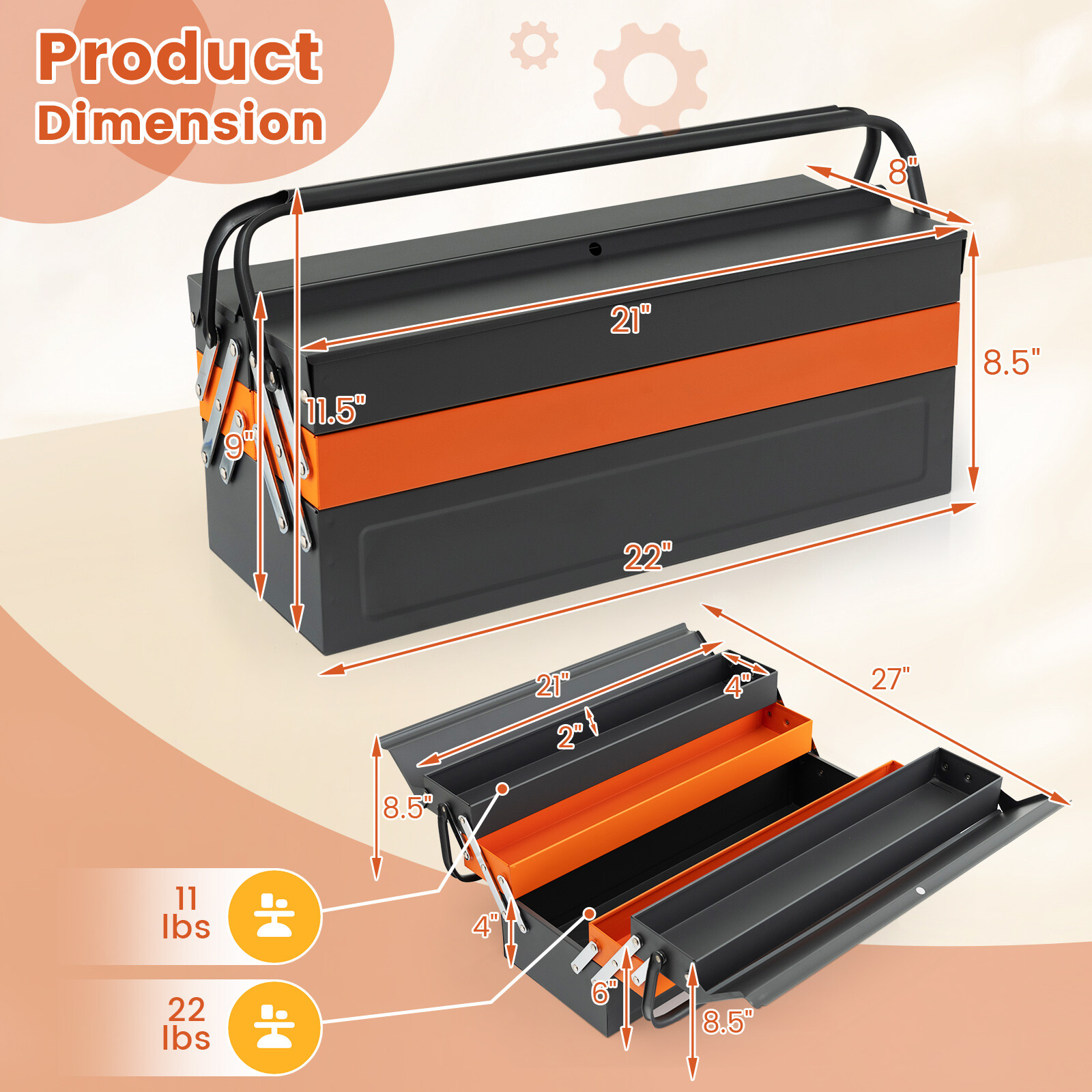22-Inch Metal Tool Box Portable 5-Tray Cantilever Steel Tool Chest Cabinet