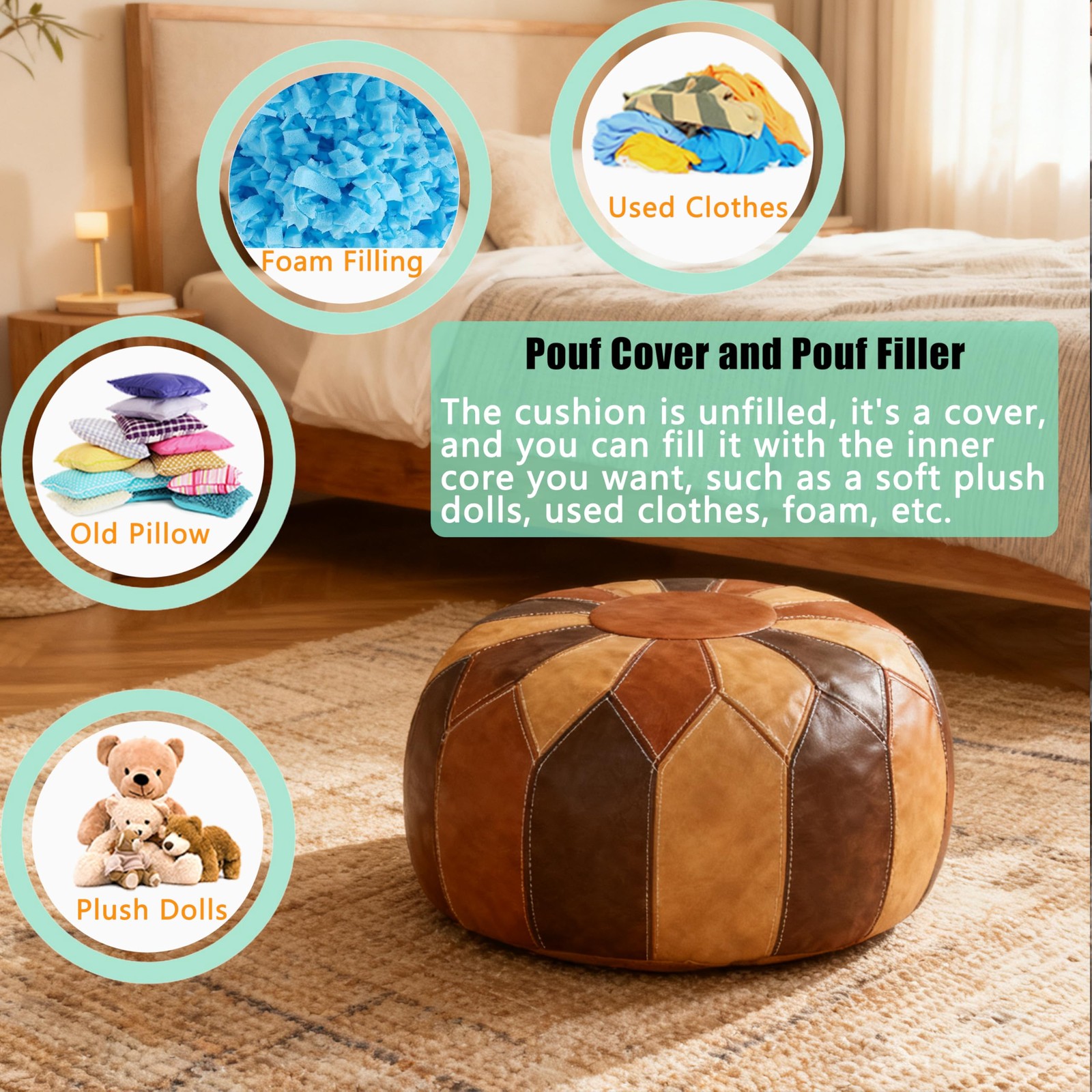 Thgonwid Unstuffed Moroccan Faux Leather Pouf Ottoman with Storage - Handmade Bo