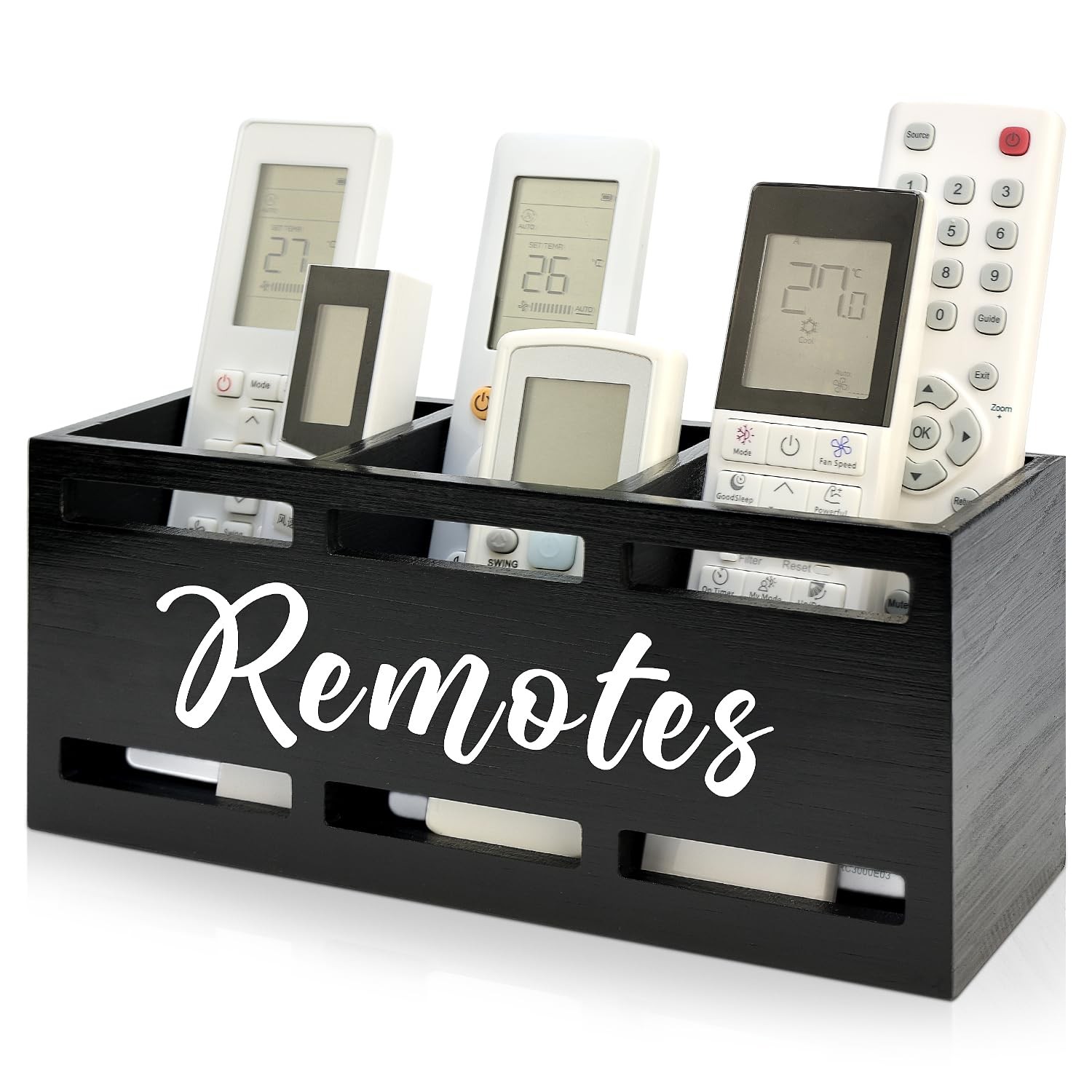 TV Remote Holder Wall Mount Wood Bedside Caddy Organizer Box 3 Slots Black